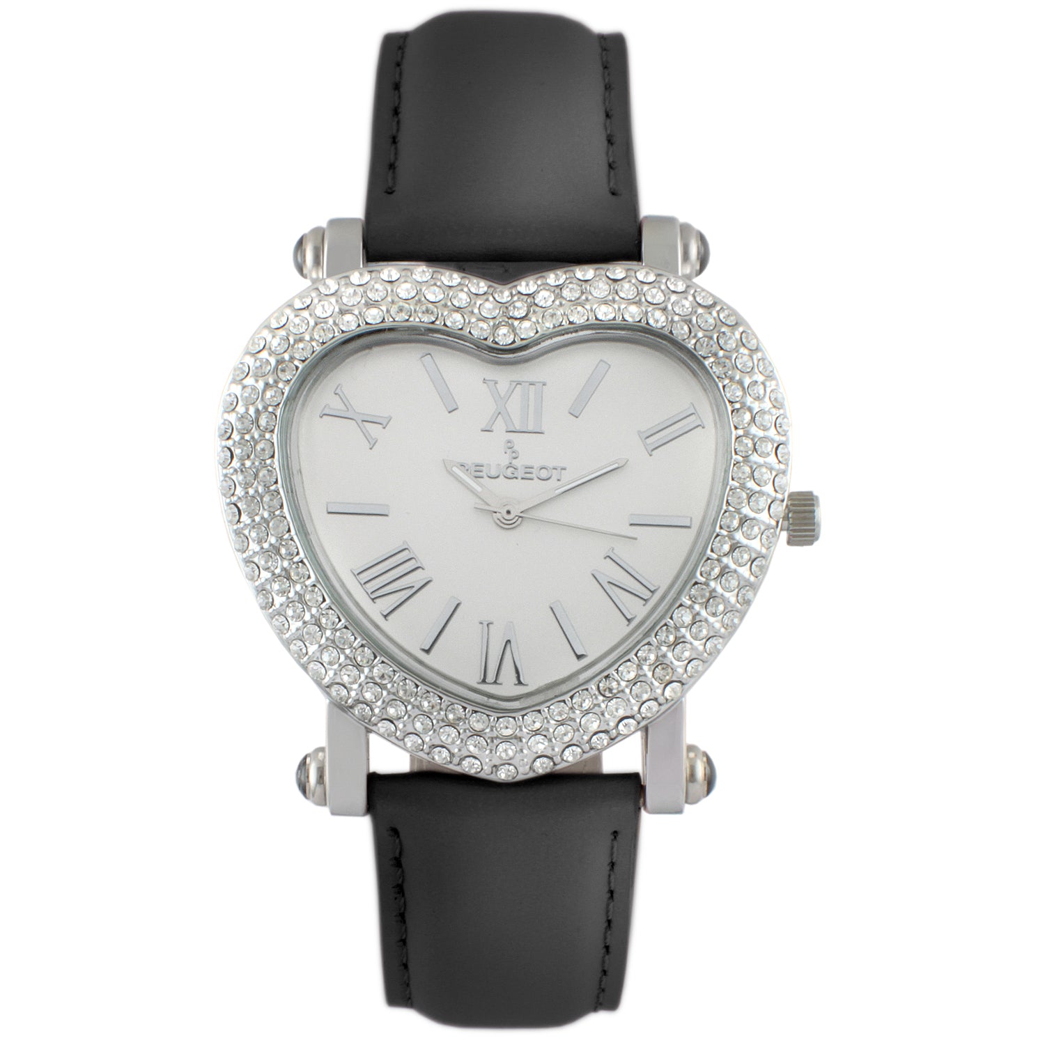 Women's 38mm Black Crystal Heart Watch with Leather Strap