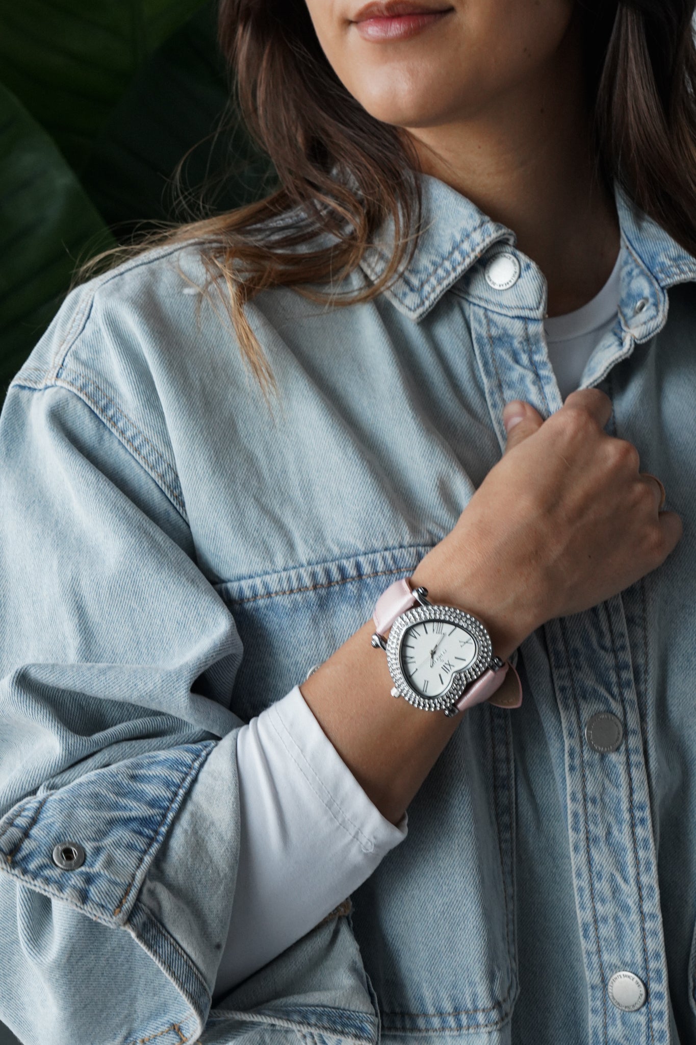 Women's 38mm Pink Crystal Heart Watch with Leather Strap