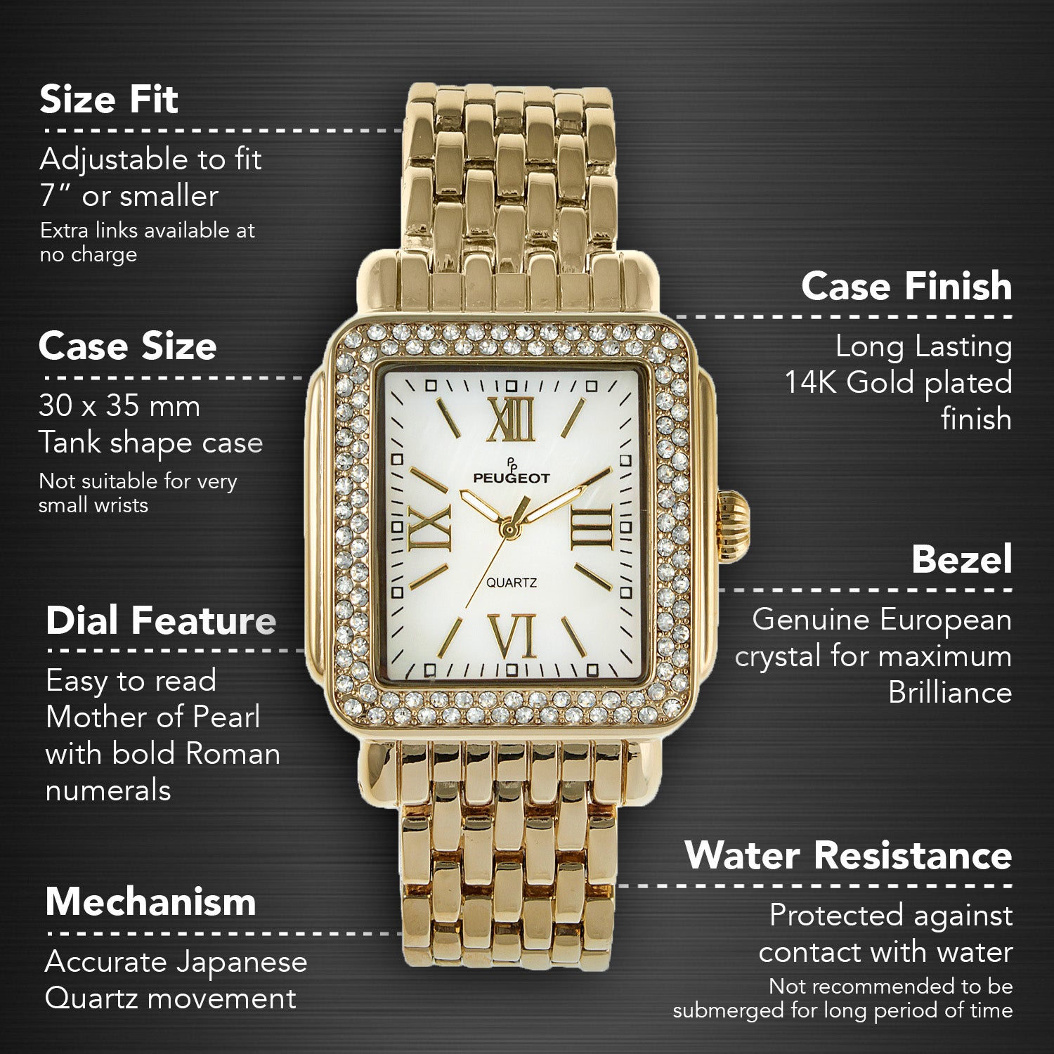 Women's 38X30mm Gold Tank Bracelet Watch Panther Link Bracelet