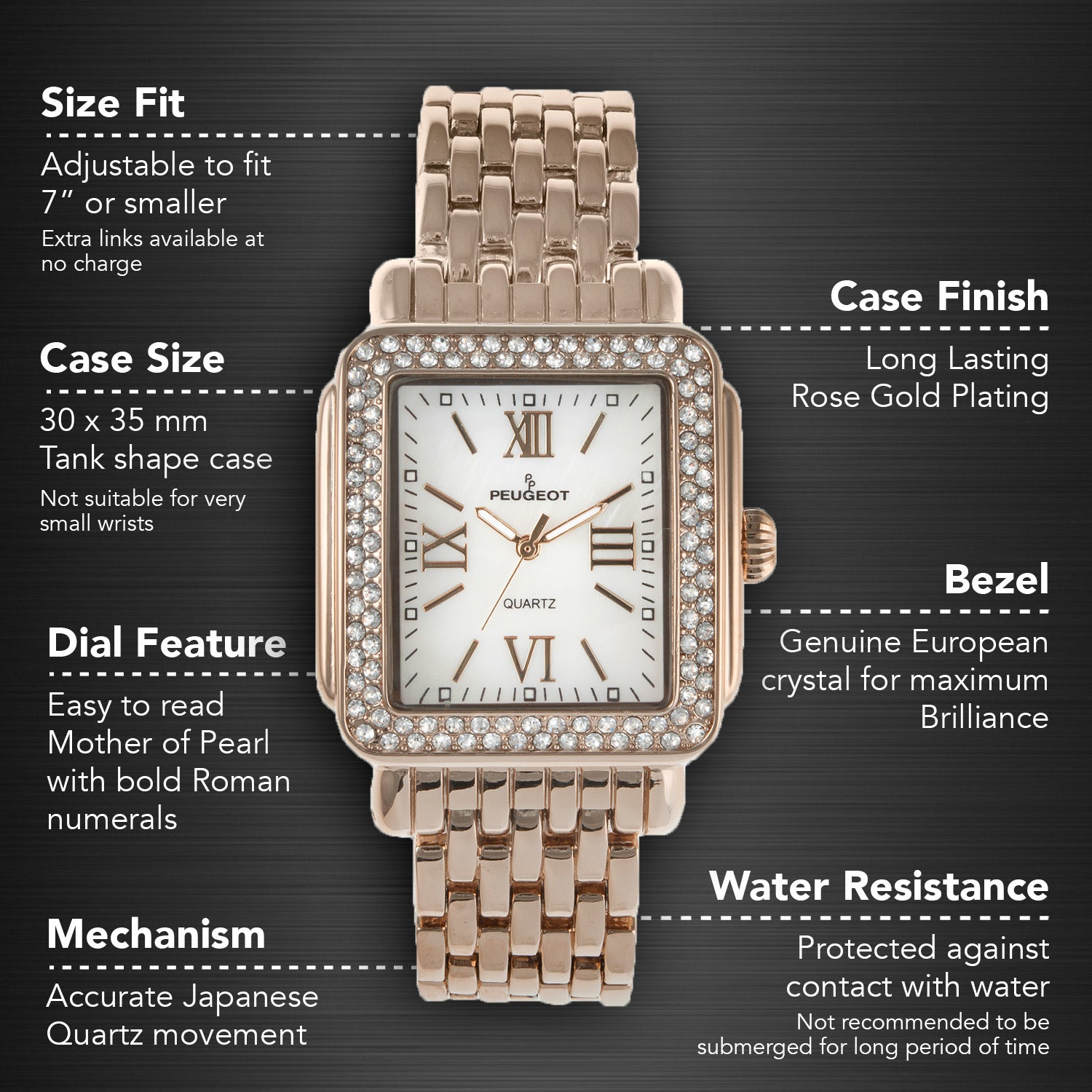 Women's 36X30mm Rose Gold Tank Bracelet Watch Panther Link Bracelet