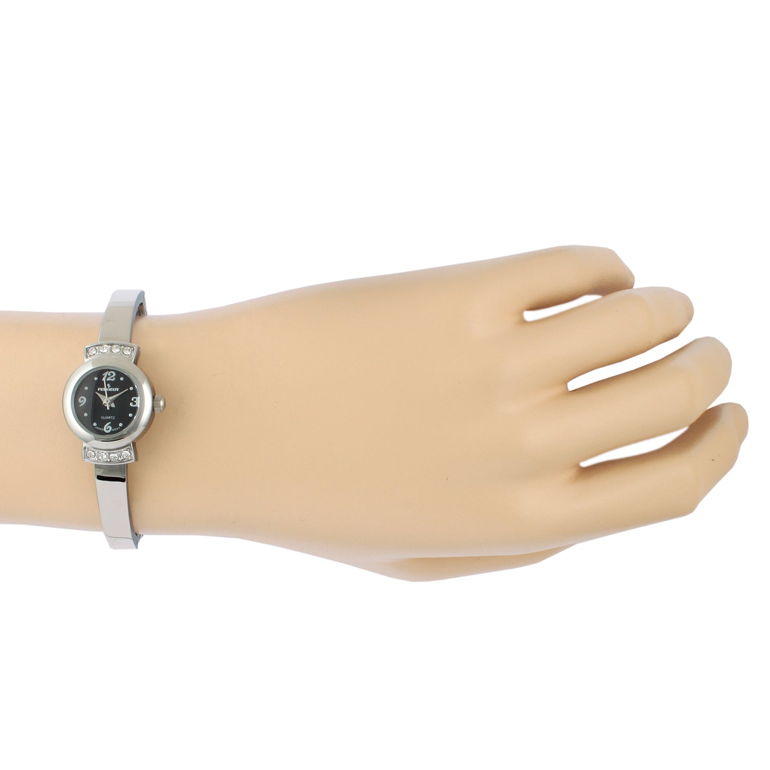 Women 21mm Silver Half Bangle Bracelet Watch Black Dial
