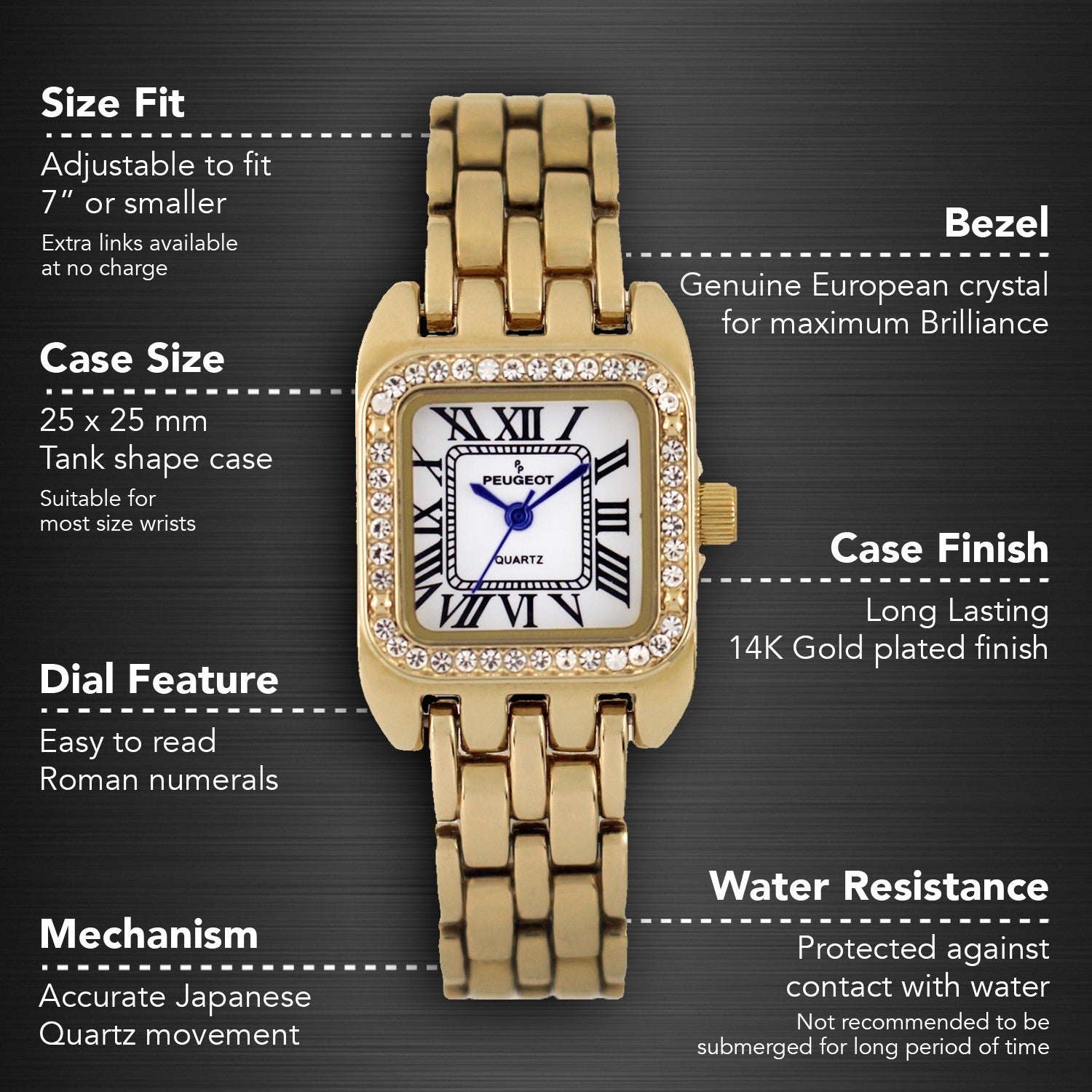 Women's 24mm Gold Tank Panther Link Bracelet Watch