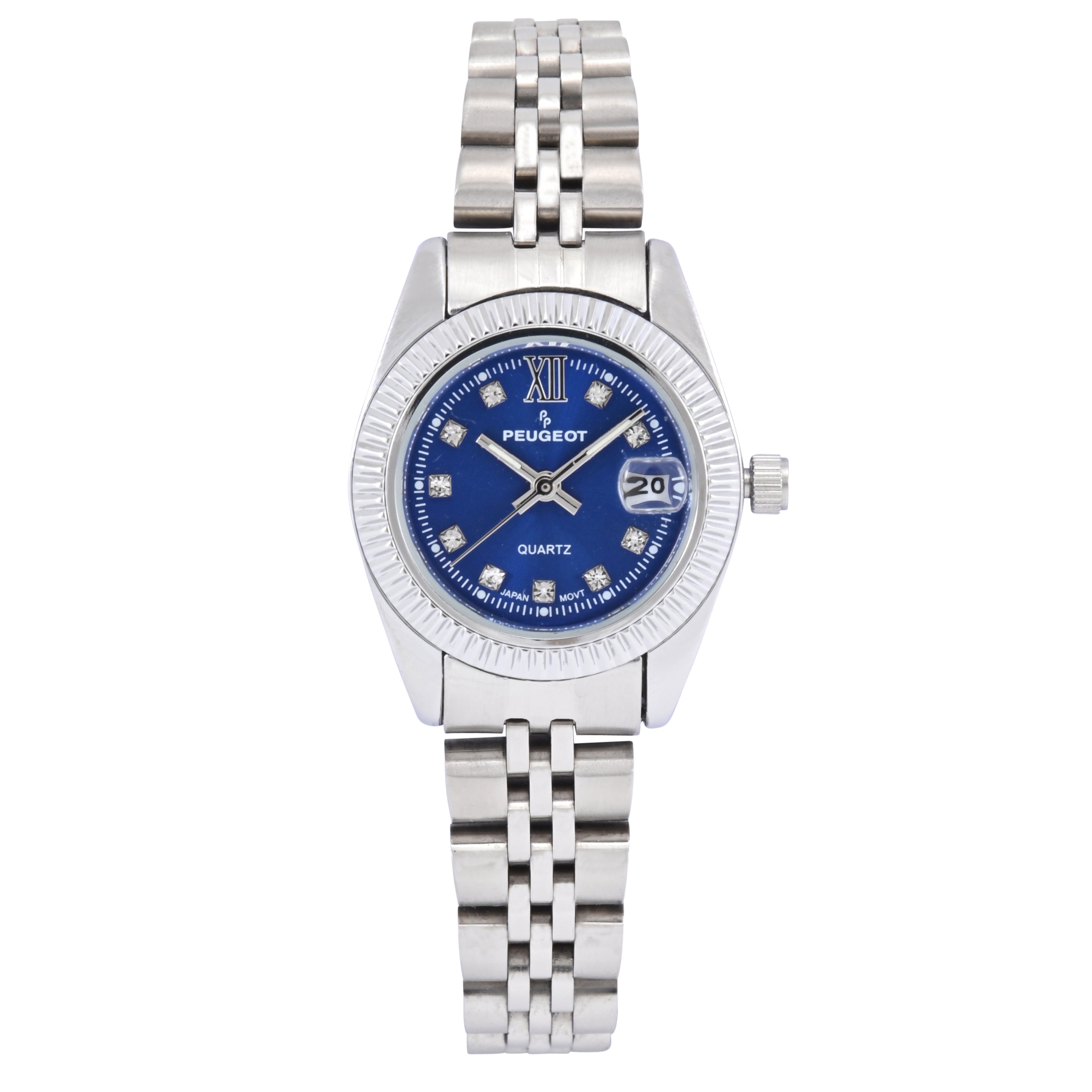 Women's Silver-Tone 26mm Fluted Bezel Steel Bracelet Watch with Blue Dial