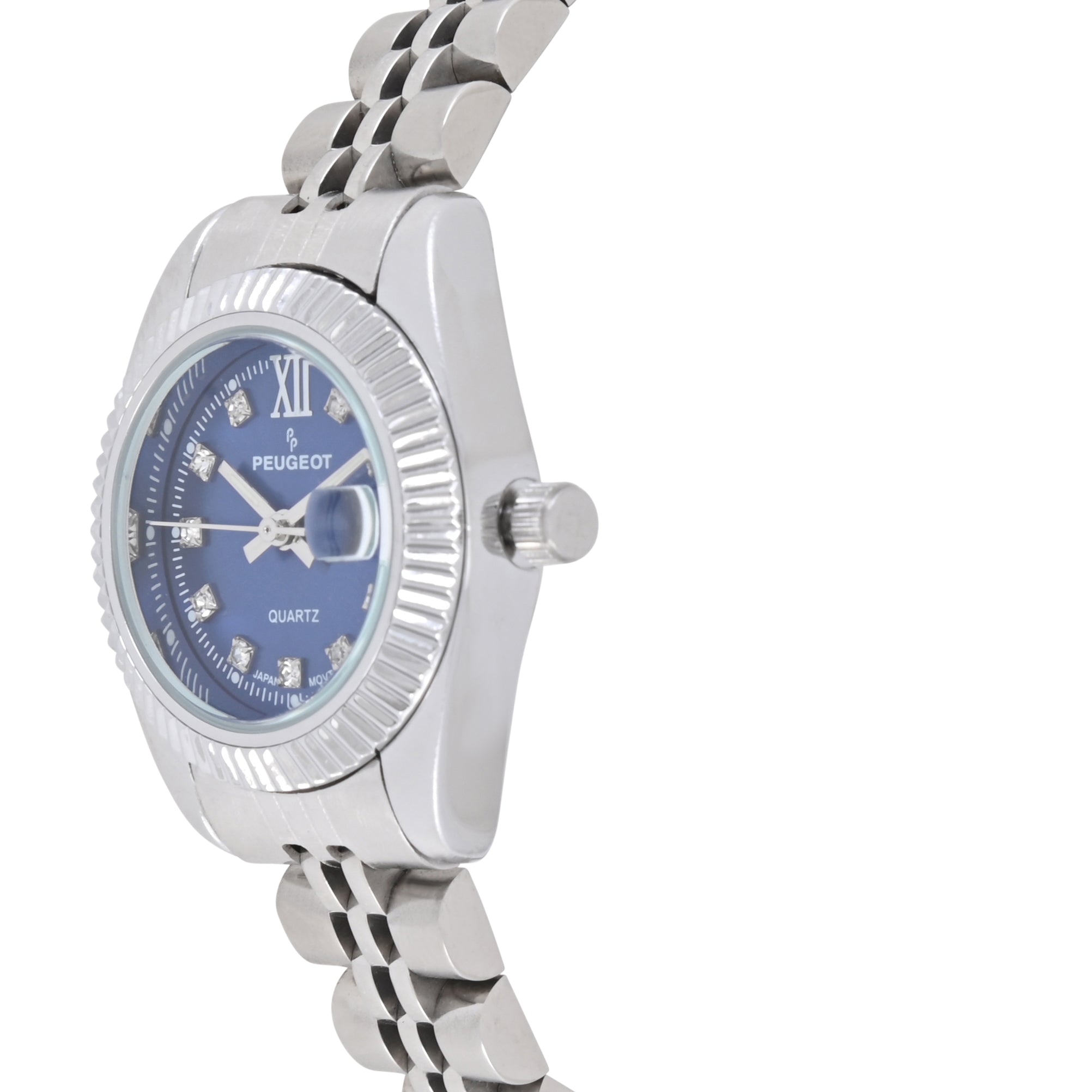 Women's Silver-Tone 26mm Fluted Bezel Steel Bracelet Watch with Blue Dial