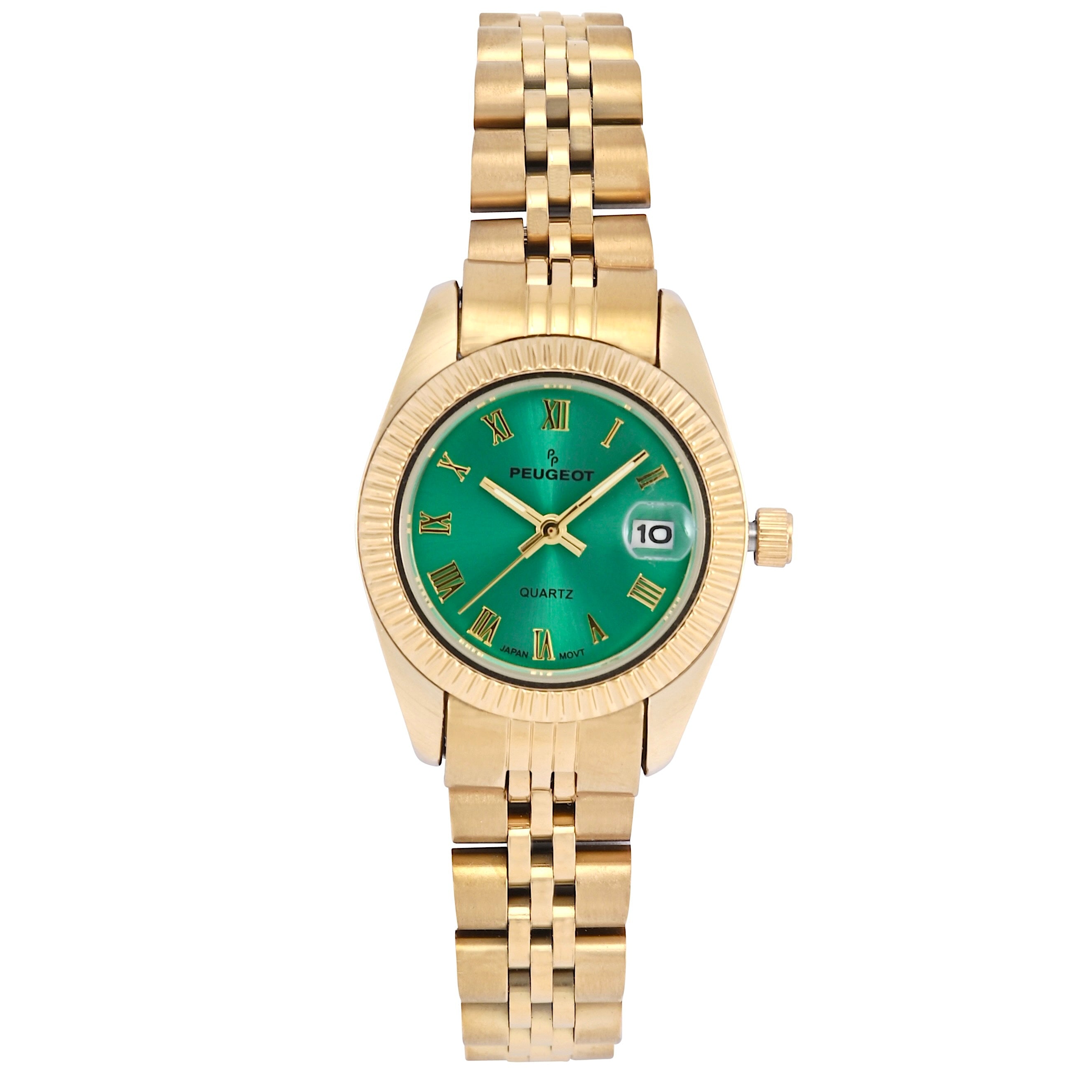 Women's Gold-Tone 26mm Fluted Bezel Steel Bracelet Watch with Green Dial