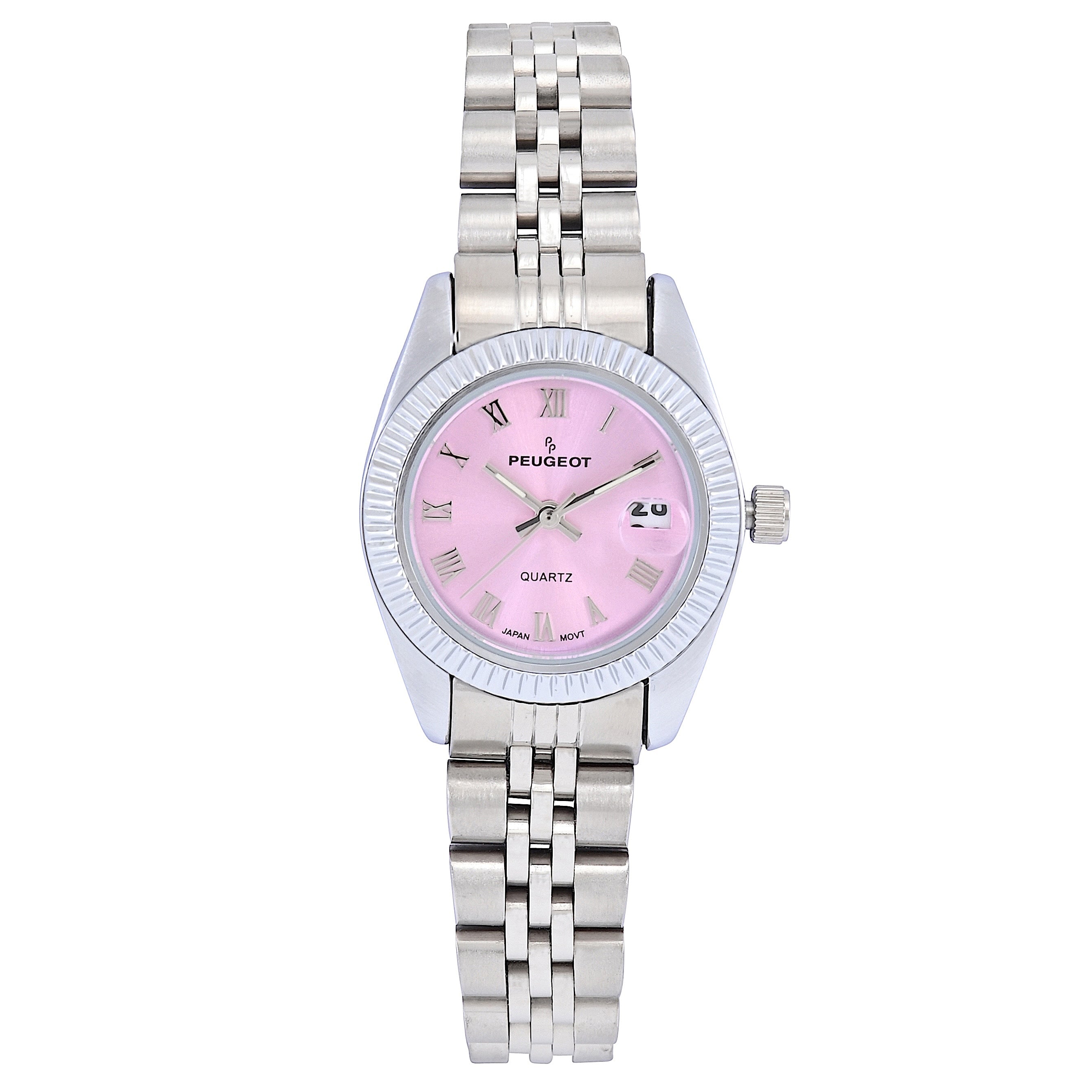 Women's Silver-Tone 26mm Fluted Bezel Steel Bracelet Watch with Pink Dial