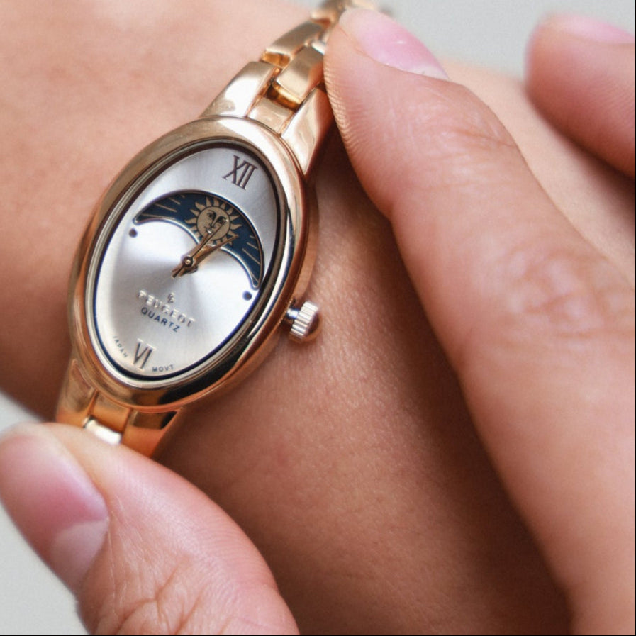 Women's Gold 30x25mm Sun Moon Dial Link Bracelet Watch