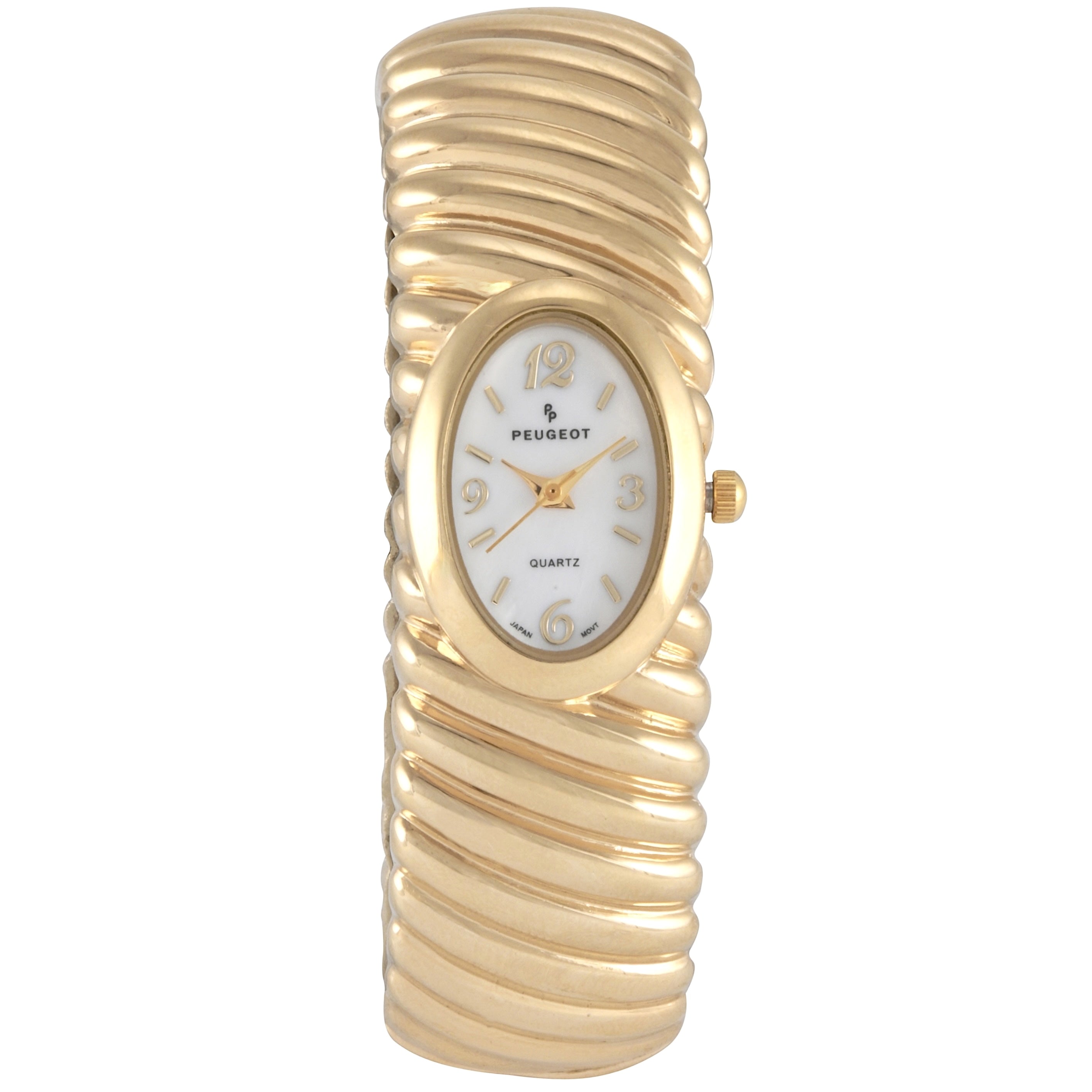 Women’s 14K Gold Plated Oval Dial Cuff Bangle Watch with Textured Bracelet