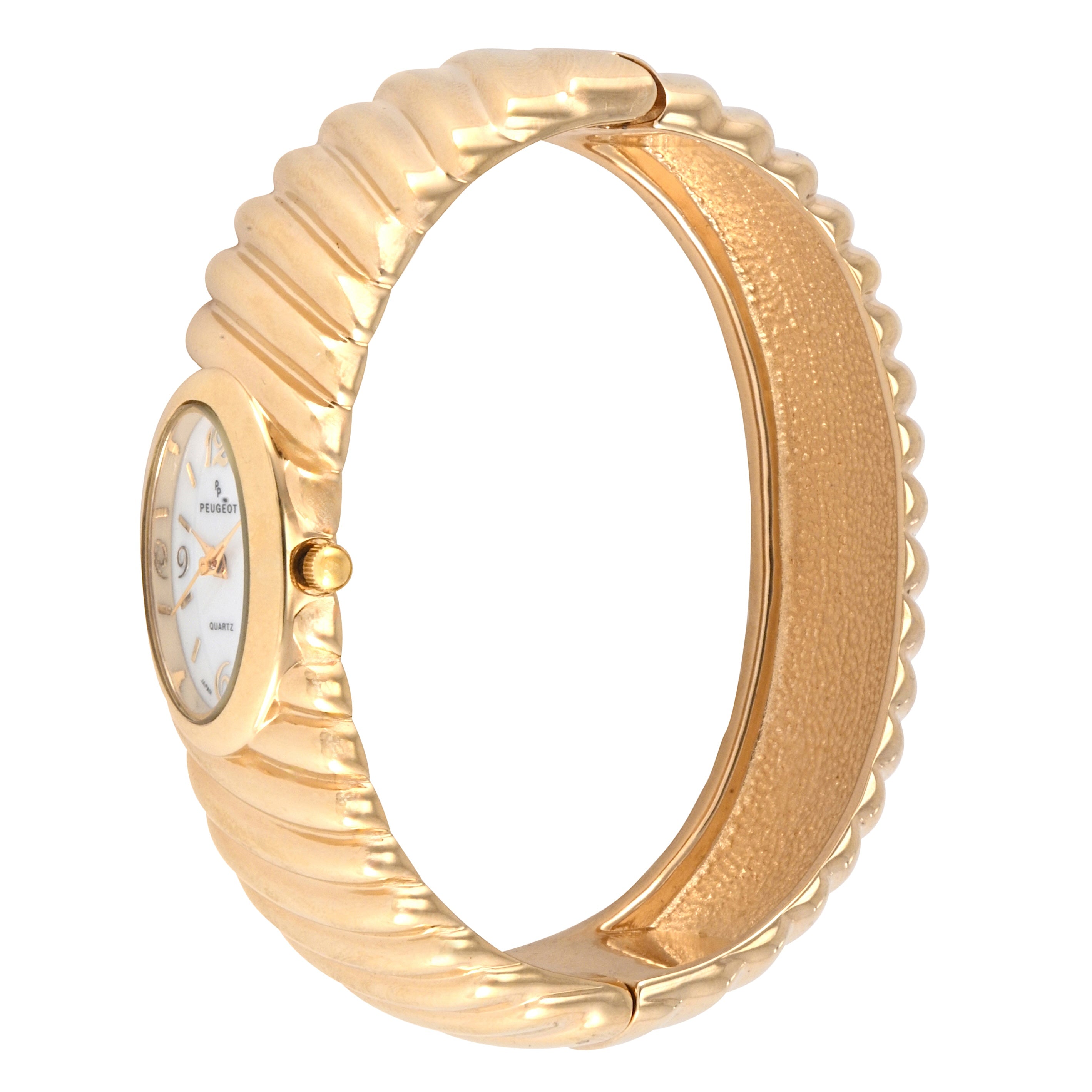 Women’s 14K Gold Plated Oval Dial Cuff Bangle Watch with Textured Bracelet