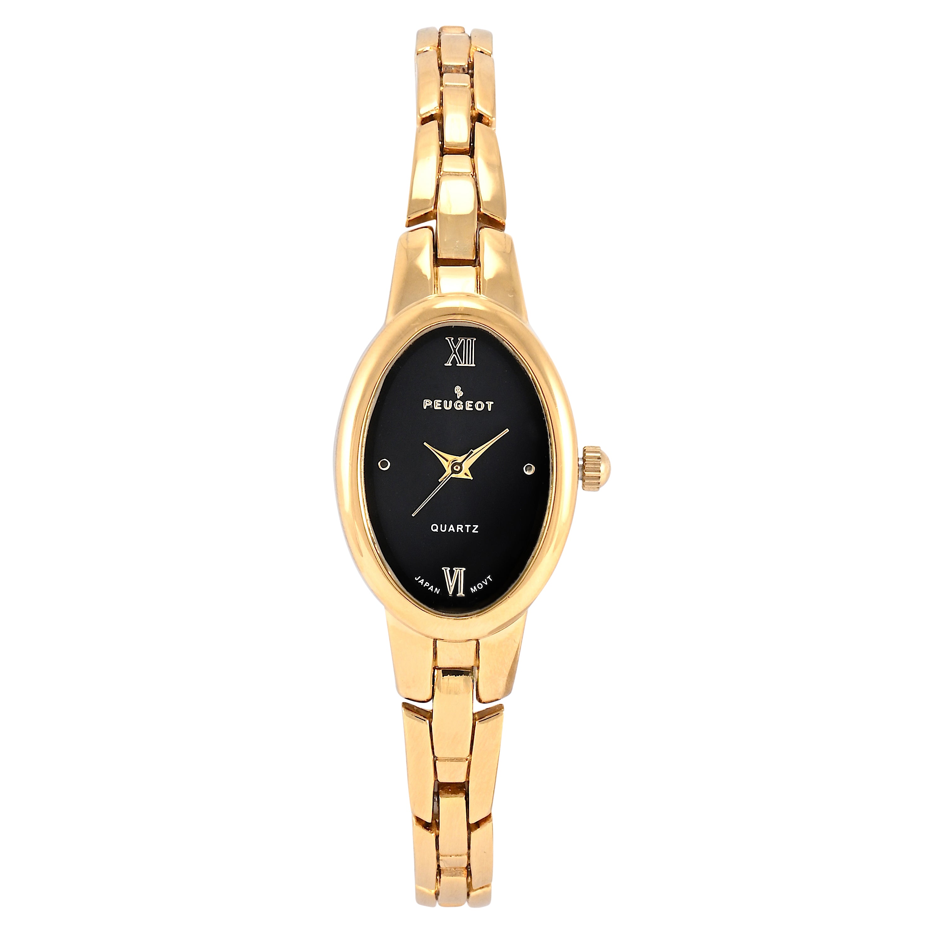 Womens Peugeot Watch oval dial black dial roman numeral gold tone link bracelet watch self adjustable