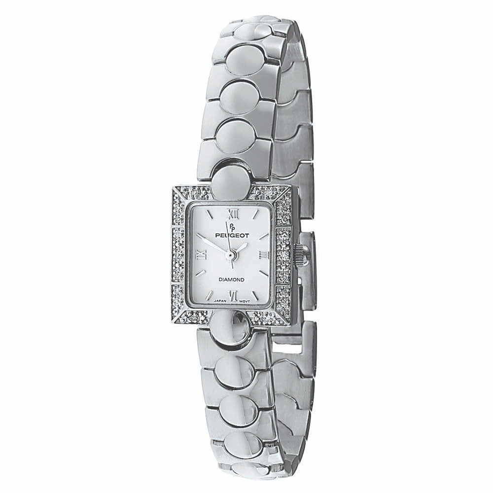 Peugeot Women's Square Silver-tone Watch with Genuine Diamond Bezel