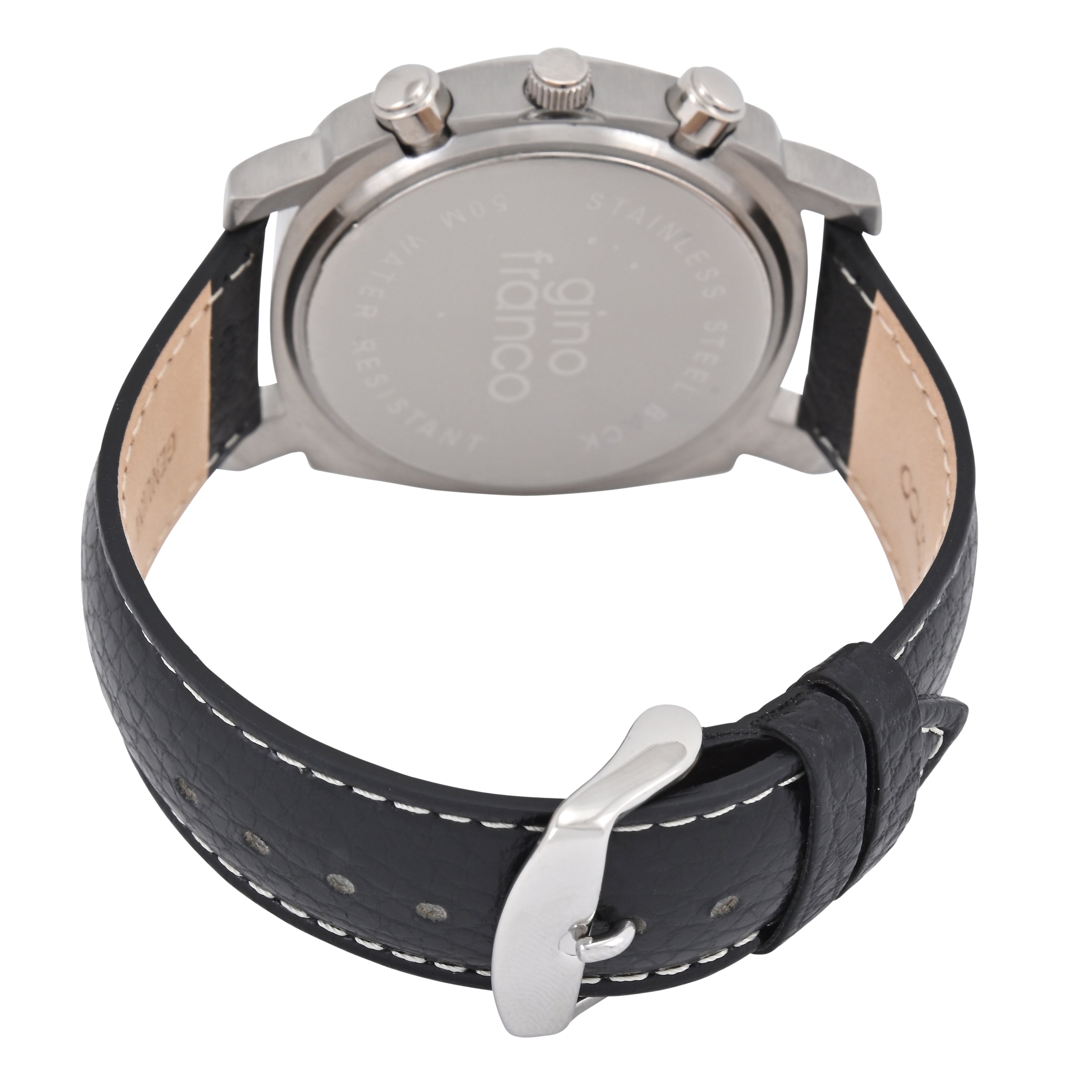 Gino Franco Mens Round 45mm Stainless Steel Chrono Watch with Black Genuine Leather Band