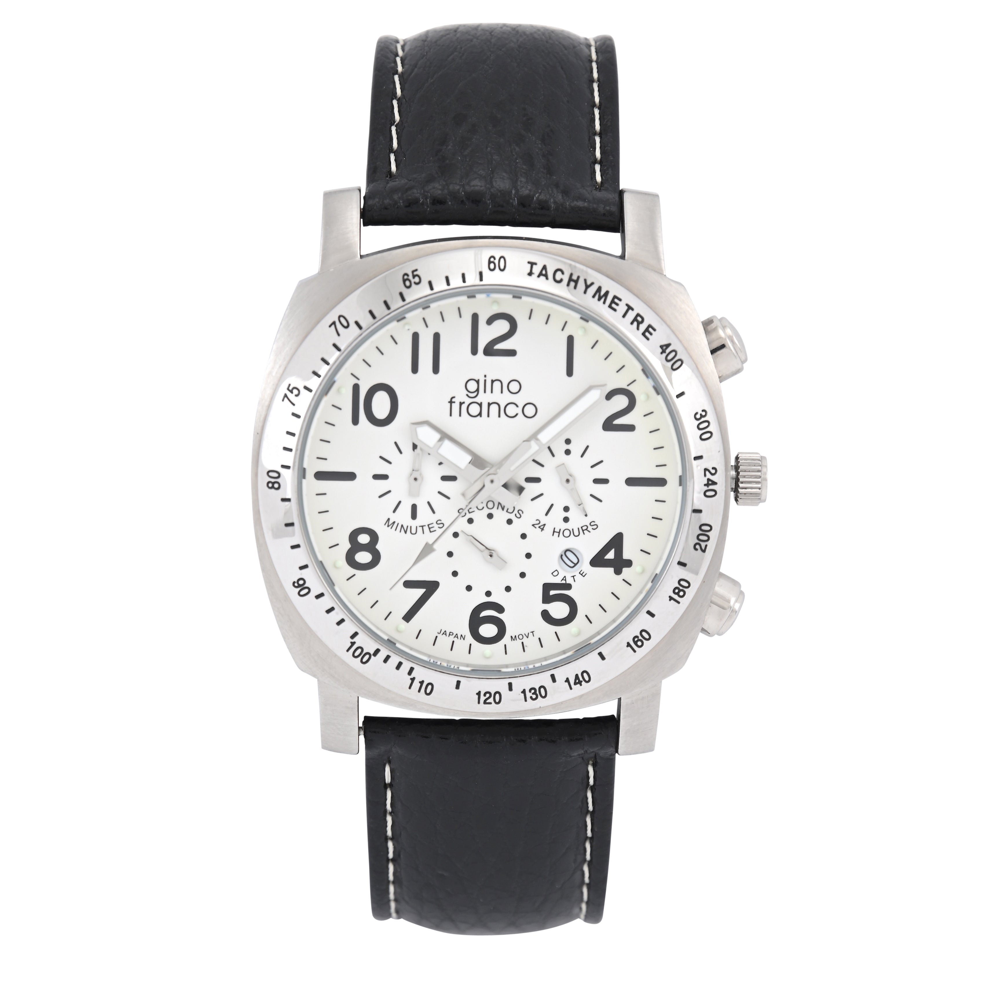 Gino Franco Mens Round 45mm Stainless Steel Chrono Watch with Black Genuine Leather Band