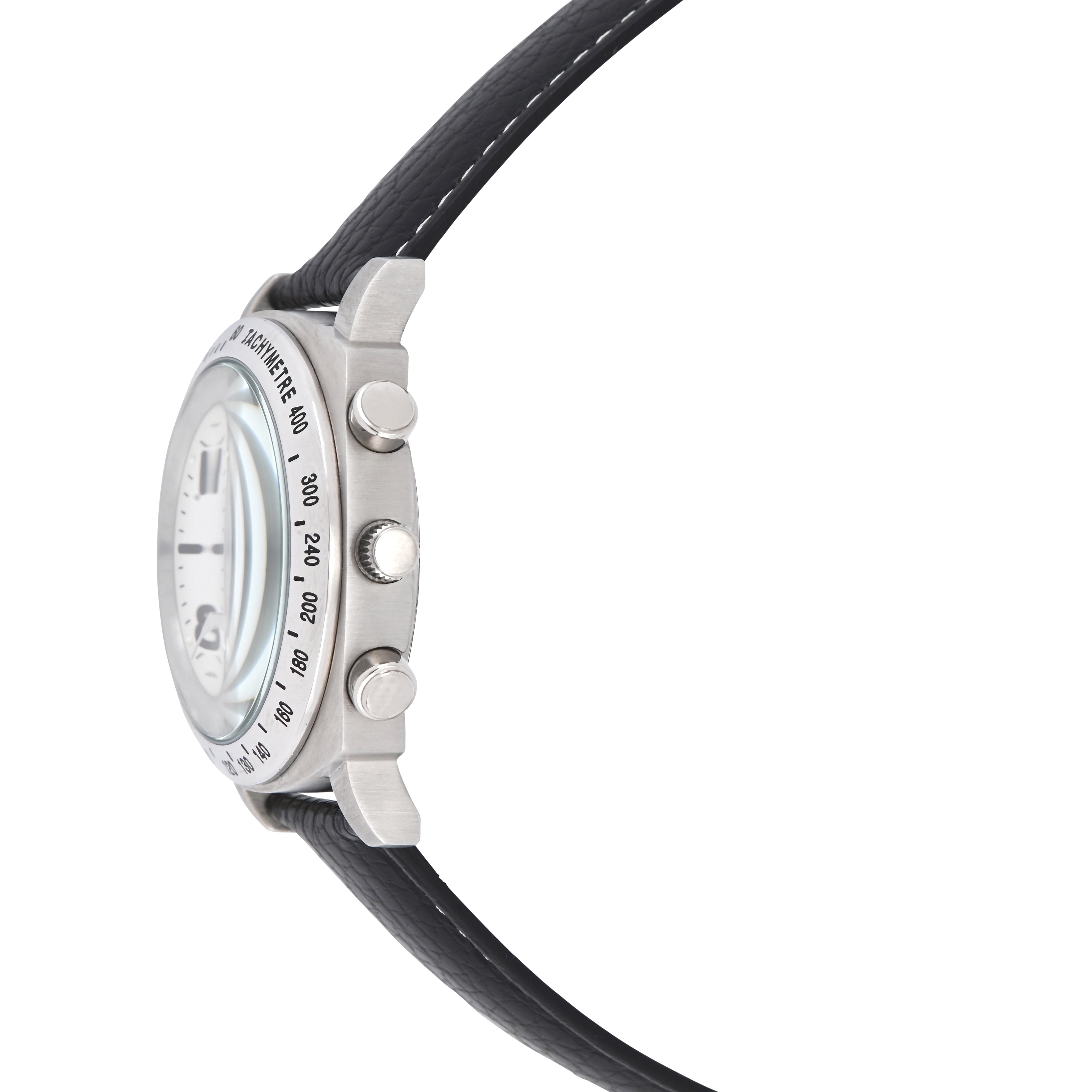 Gino Franco Mens Round 45mm Stainless Steel Chrono Watch with Black Genuine Leather Band