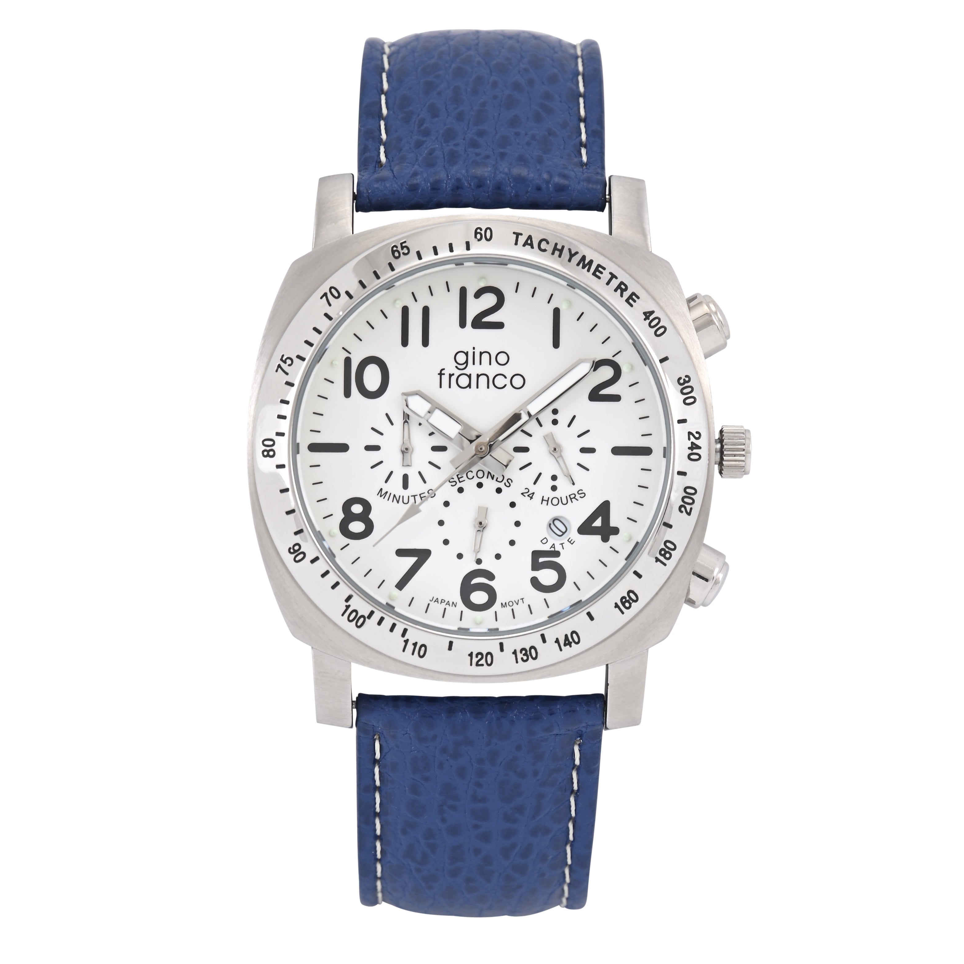 Gino Franco Mens Round 45mm Stainless Steel Chrono Watch with Blue Genuine Leather Band
