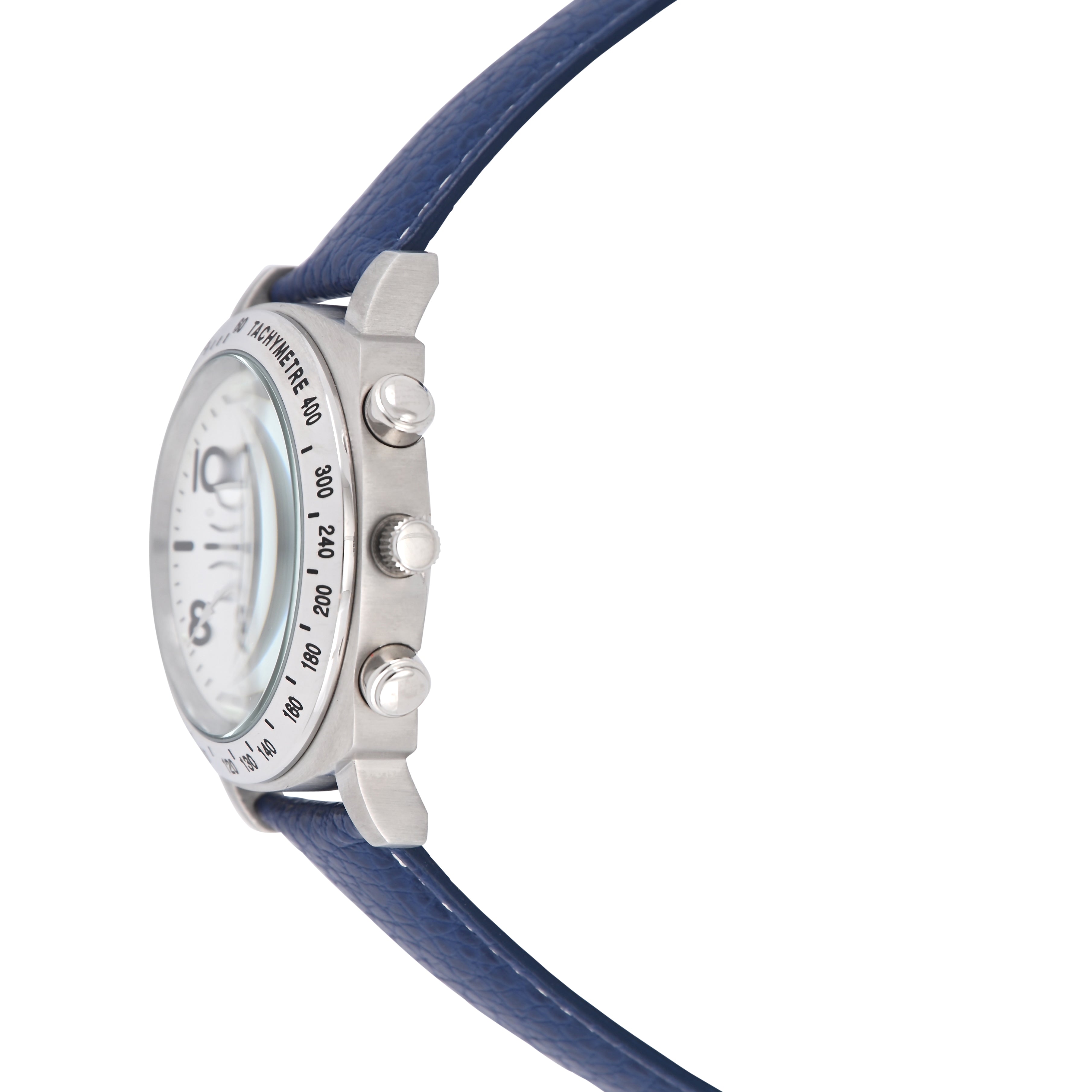 Gino Franco Mens Round 45mm Stainless Steel Chrono Watch with Blue Genuine Leather Band