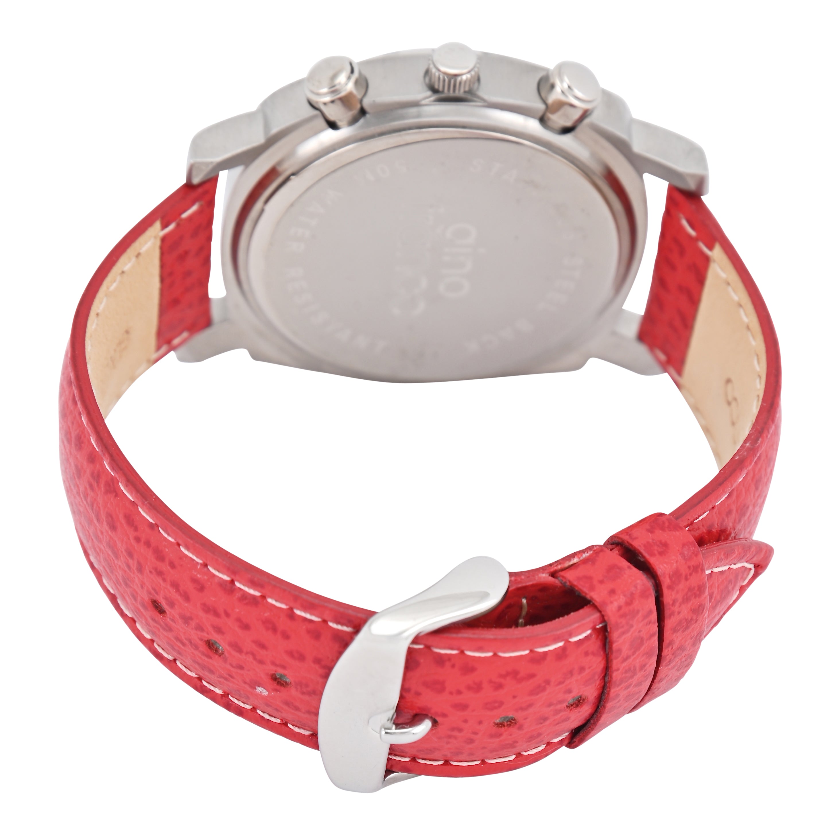 Gino Franco Mens Round 45mm Stainless Steel Chrono Watch with Red Genuine Leather Band