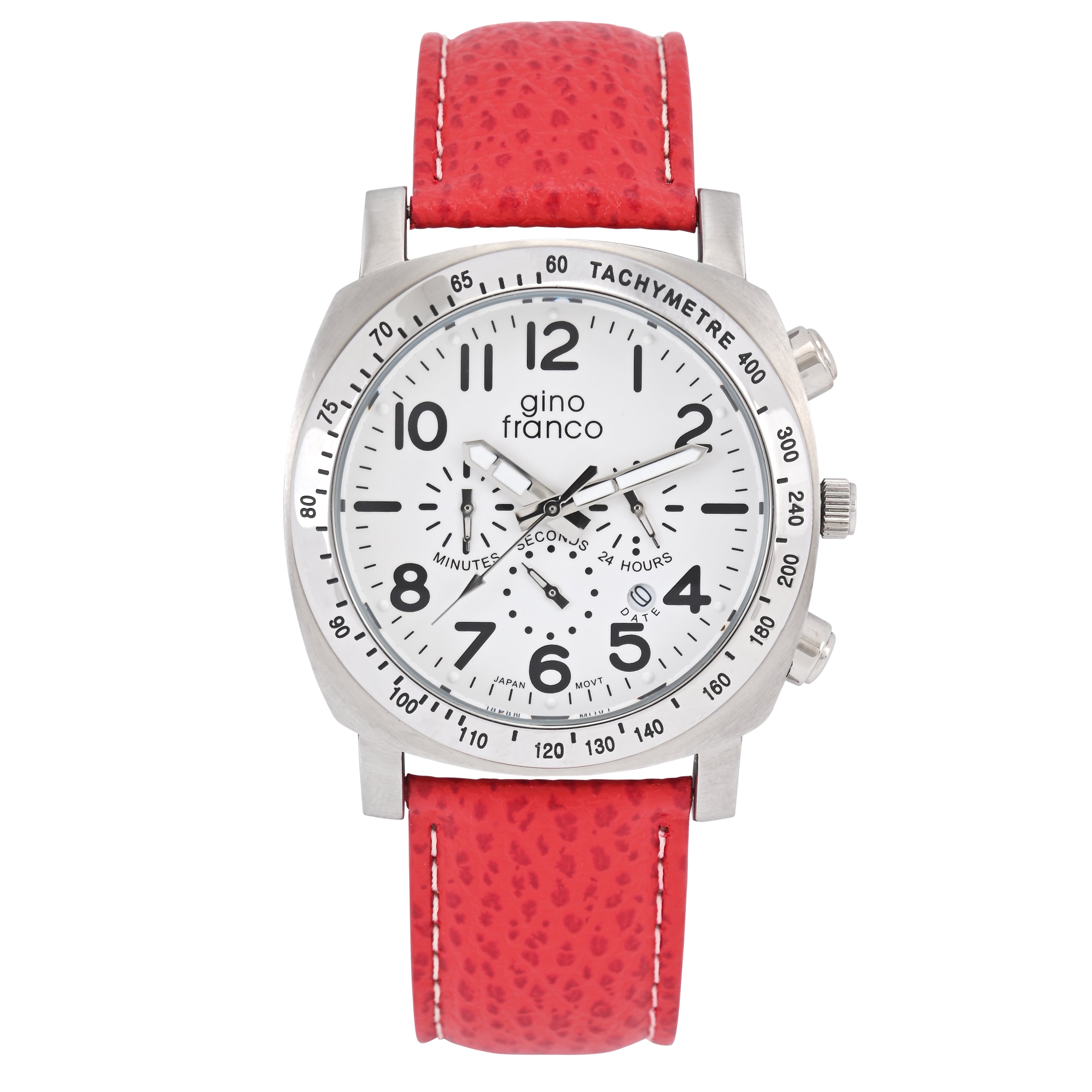 Gino Franco Mens Round 45mm Stainless Steel Chrono Watch with Red Genuine Leather Band