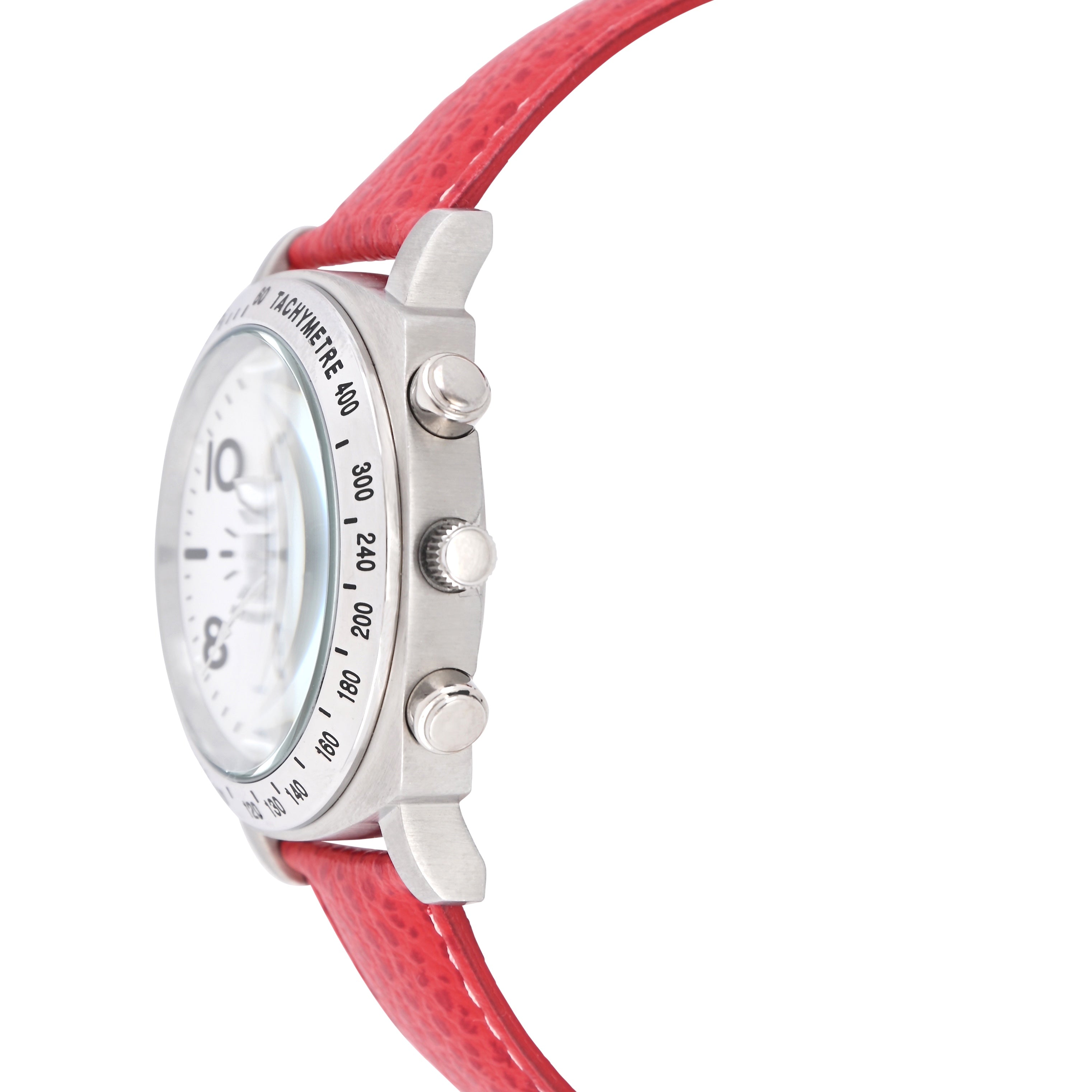 Gino Franco Mens Round 45mm Stainless Steel Chrono Watch with Red Genuine Leather Band