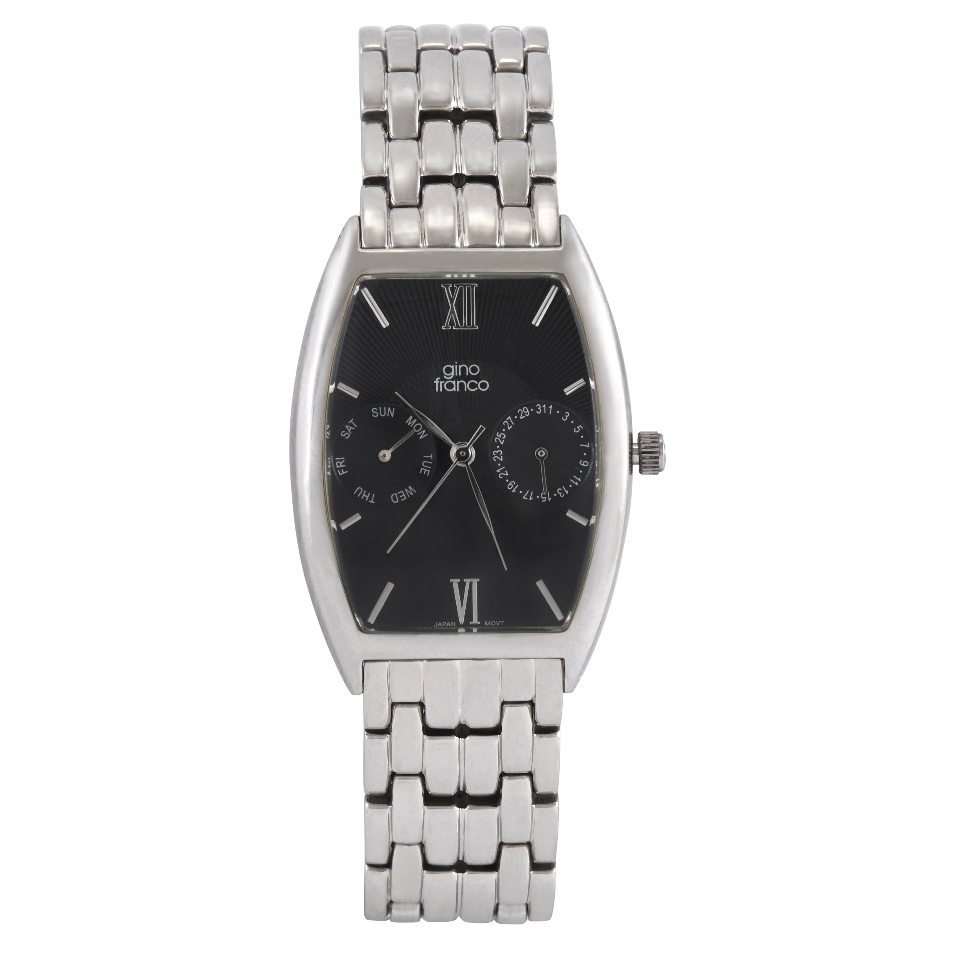 Gino Franco Mens Black Sleek Barrel Shaped Stainless Steel Watch with Day-Date Features