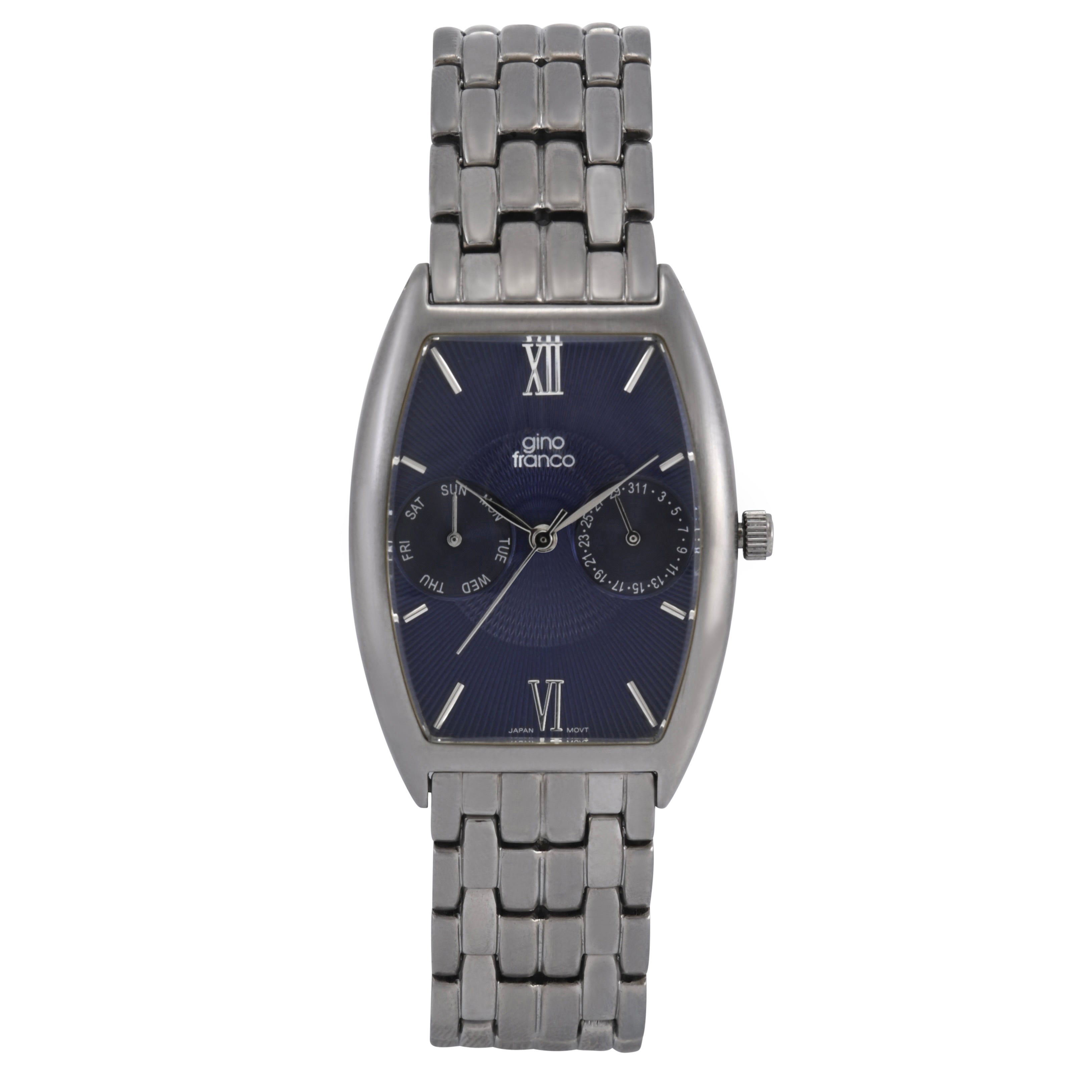 Gino Franco Mens Blue Dial Gun Metal Barrel Shaped Stainless Steel Day-Date Watch