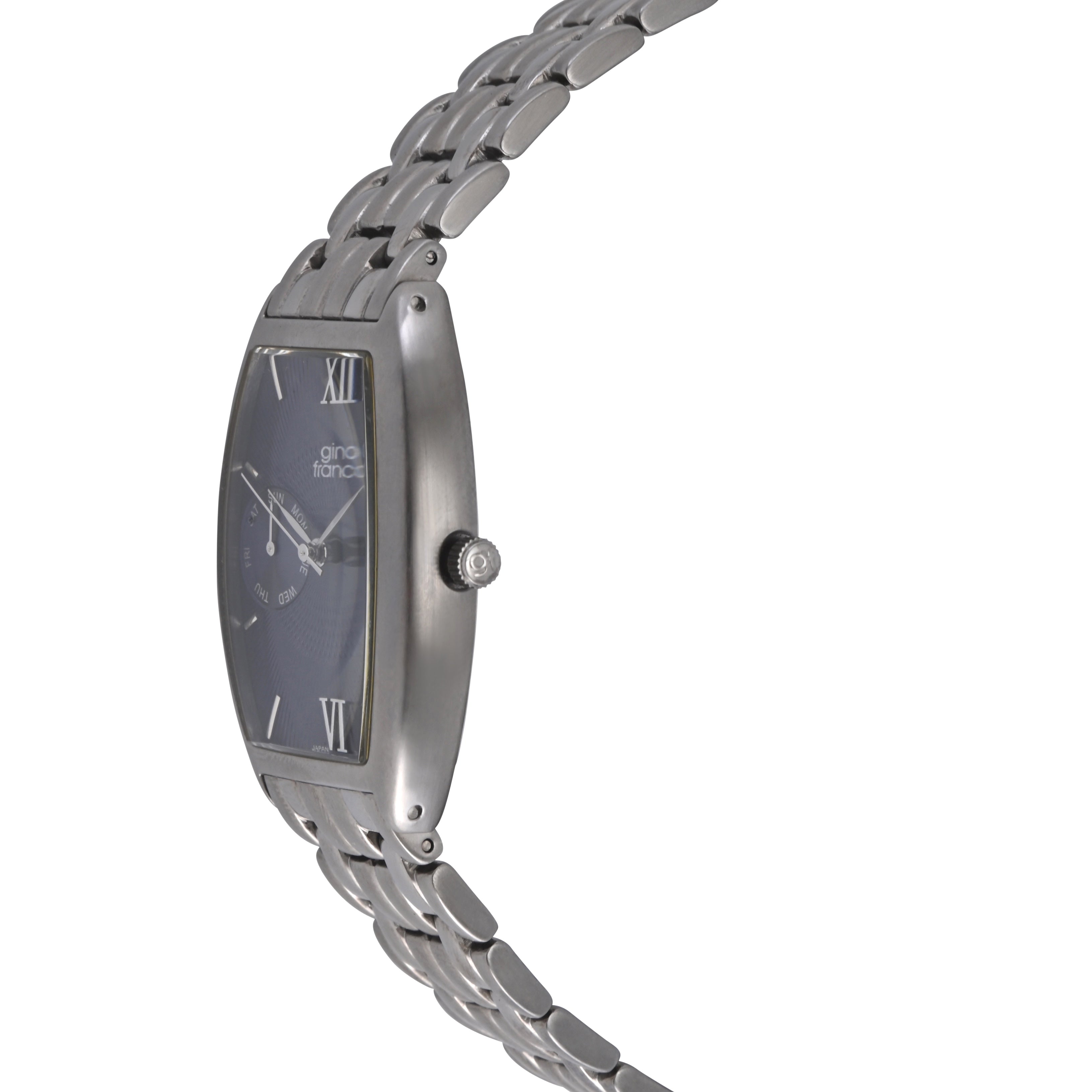 Gino Franco Mens Blue Dial Gun Metal Barrel Shaped Stainless Steel Day-Date Watch