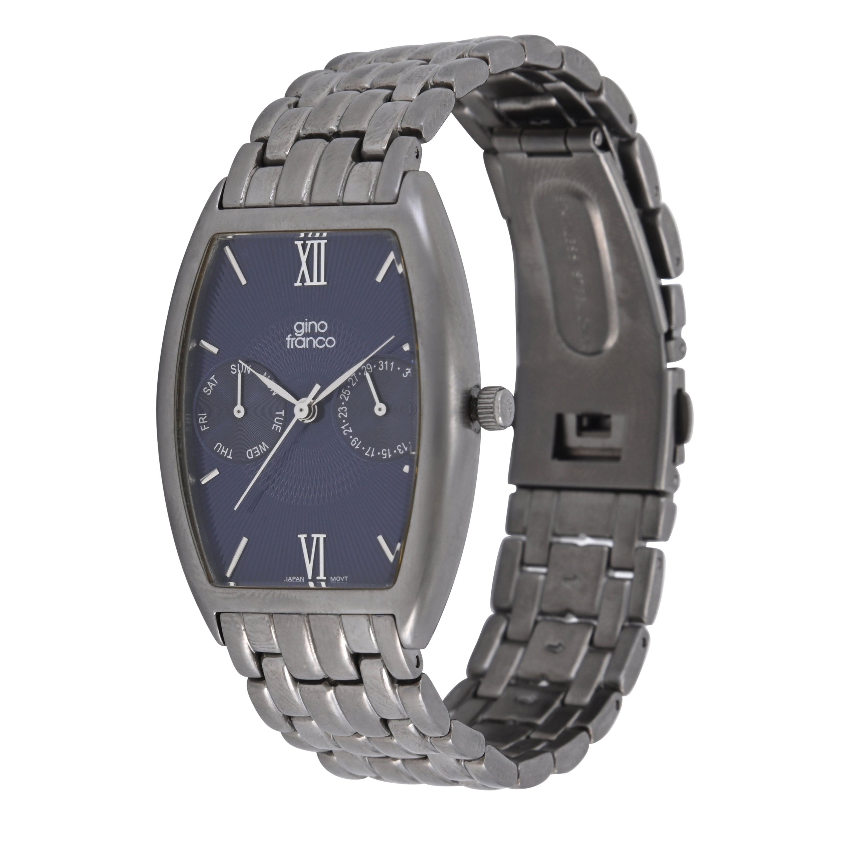 Gino Franco Mens Blue Dial Gun Metal Barrel Shaped Stainless Steel Day-Date Watch