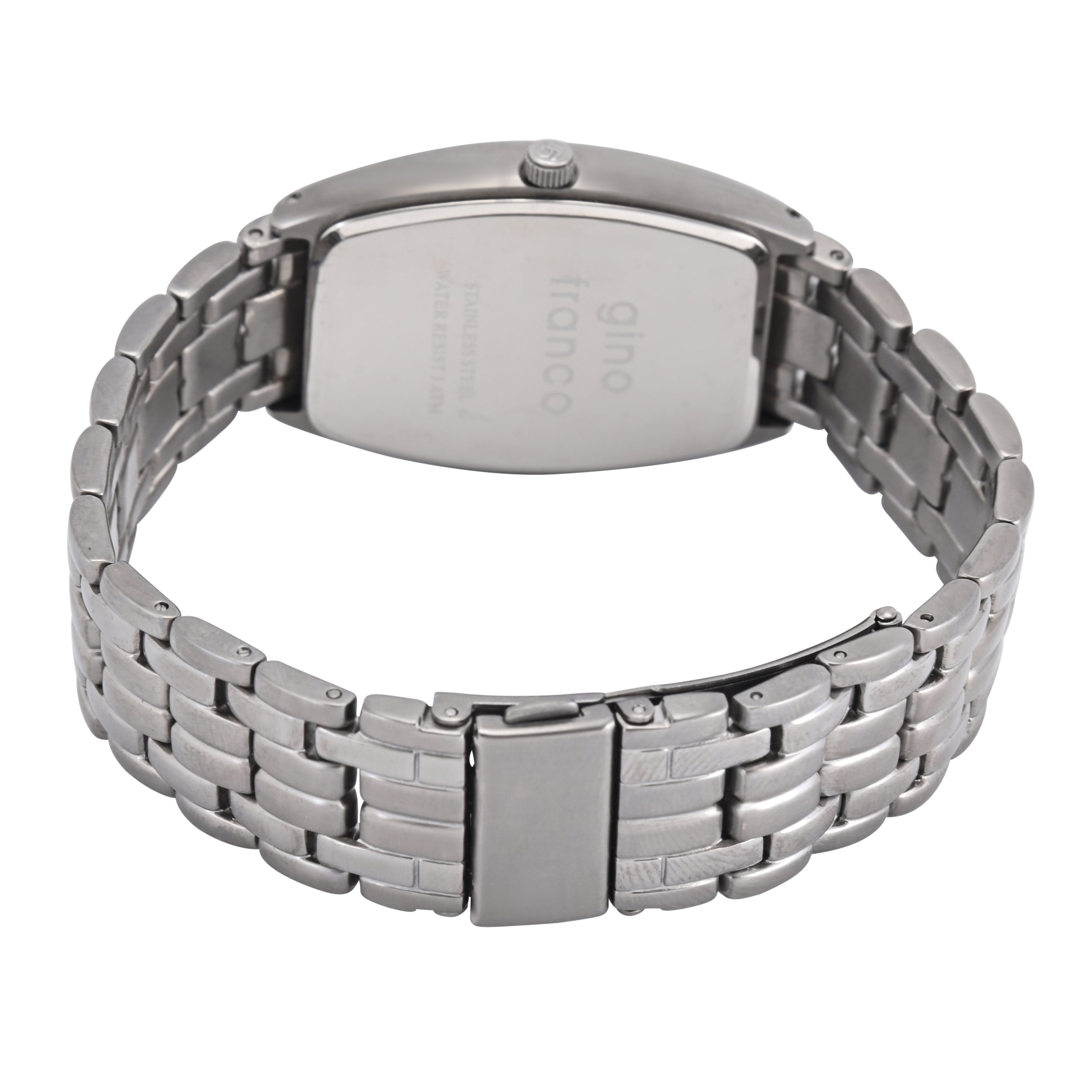 Gino Franco Mens Black Sleek Barrel Shaped Stainless Steel Watch with Day-Date Features