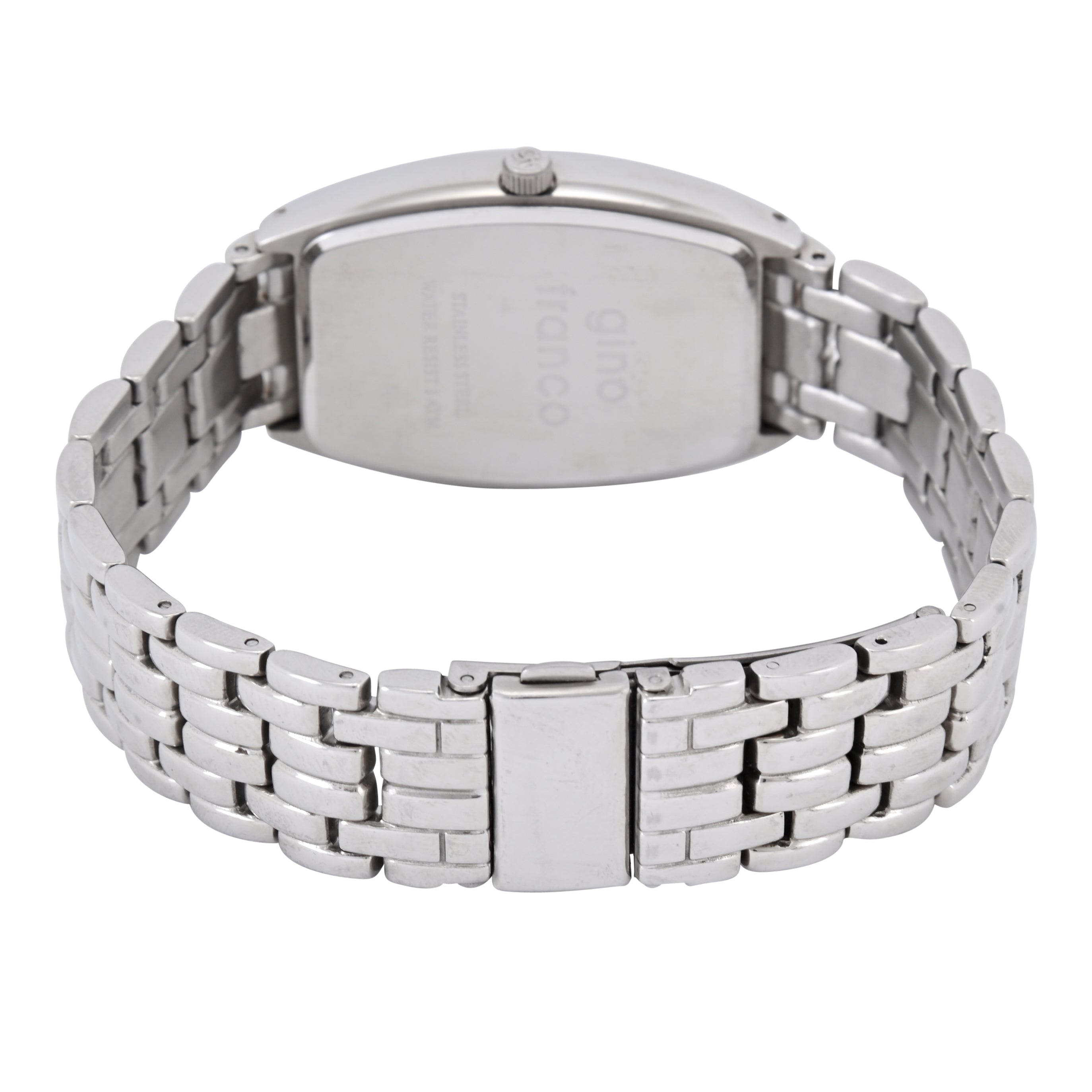 Gino Franco Mens Silver Sleek Barrel Shaped Stainless Steel Watch with Day-Date Features