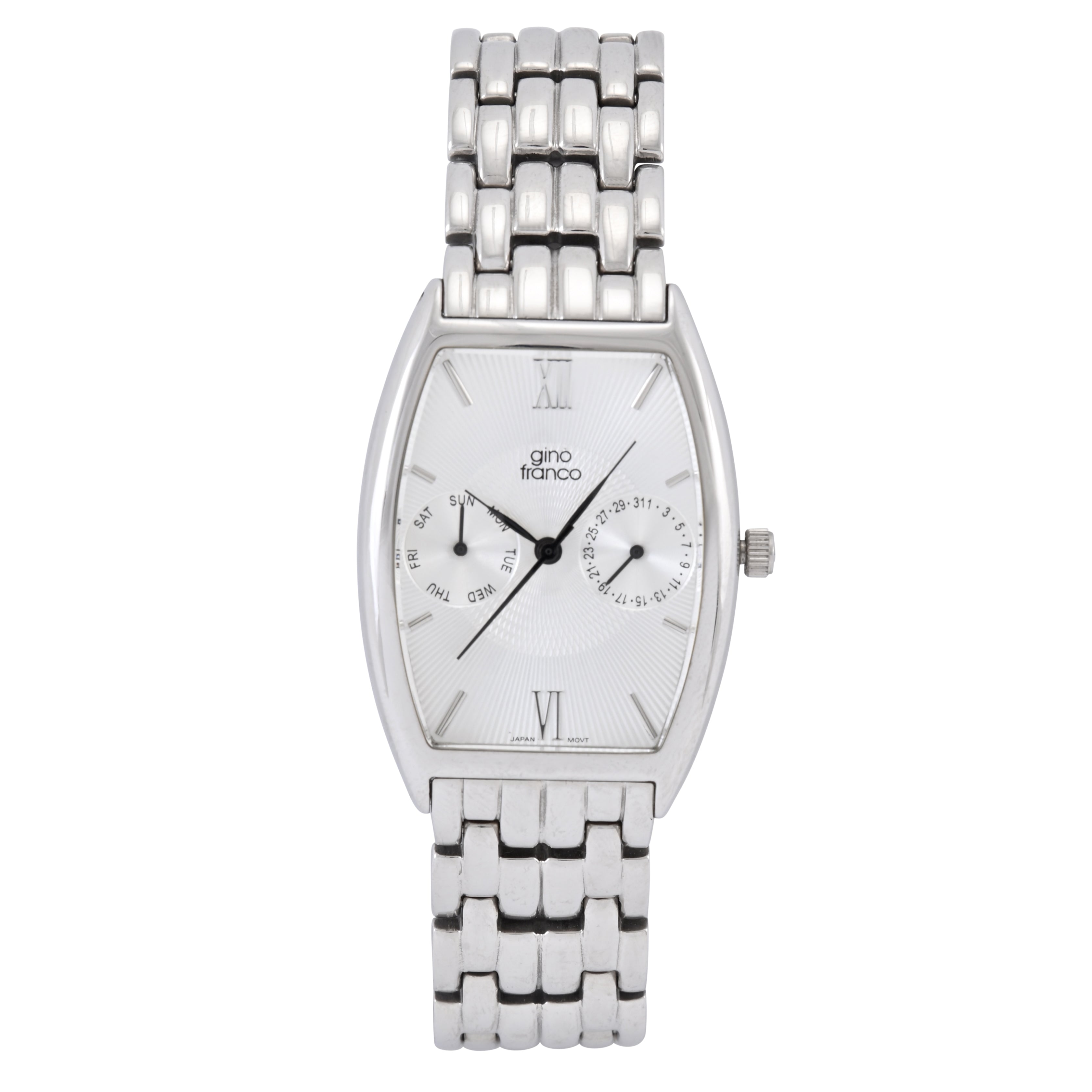 Gino Franco Mens Silver Sleek Barrel Shaped Stainless Steel Watch with Day-Date Features