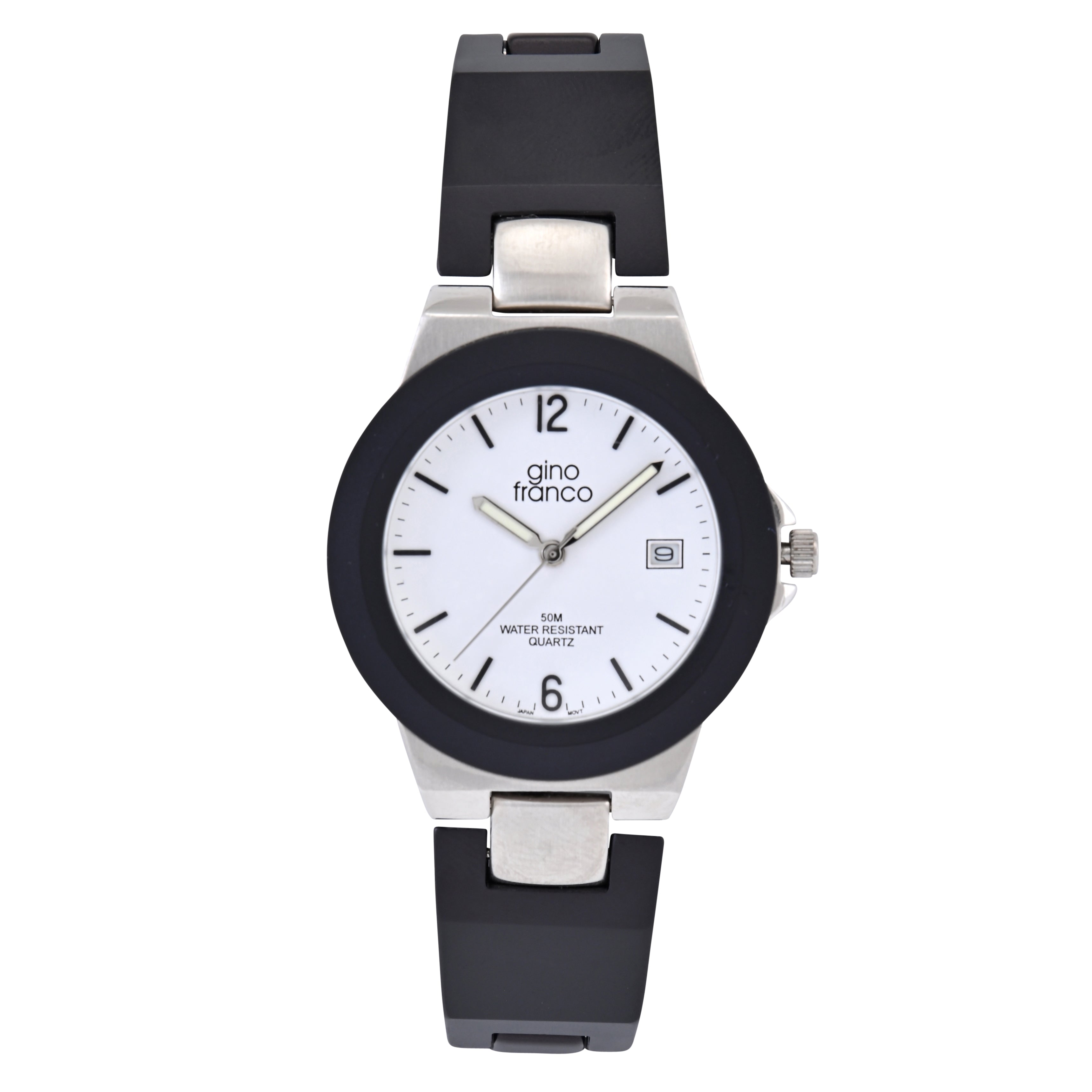 Gino Franco Mens Stainless Steel Round 35mm Matte Black PVD Plated Calendar Watch