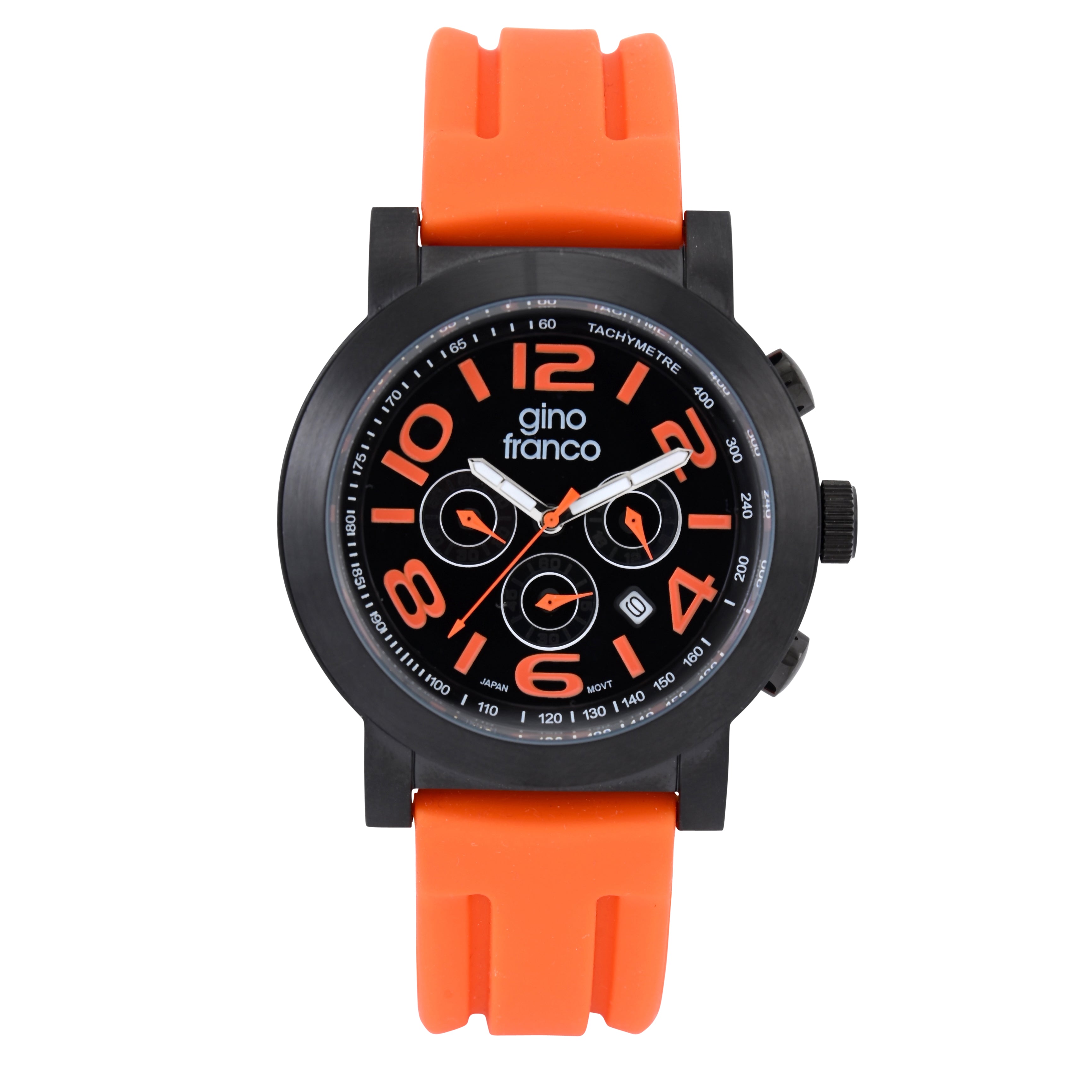 Gino Franco Mens Silicone Rubber Orange Sport Watch with Chronograph Stopwatch