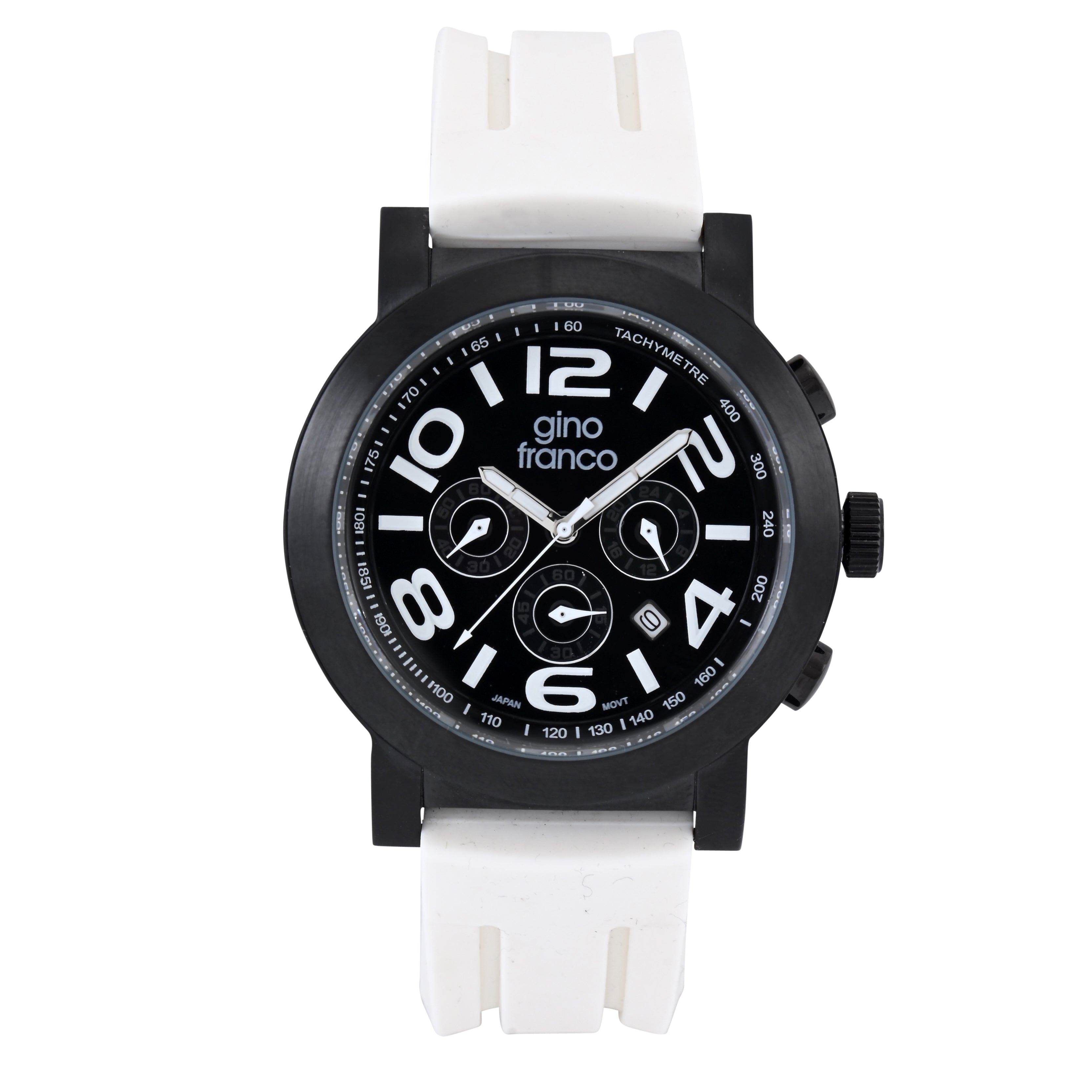 Gino Franco Mens Silicone Rubber White Sport Watch with Chronograph Stopwatch