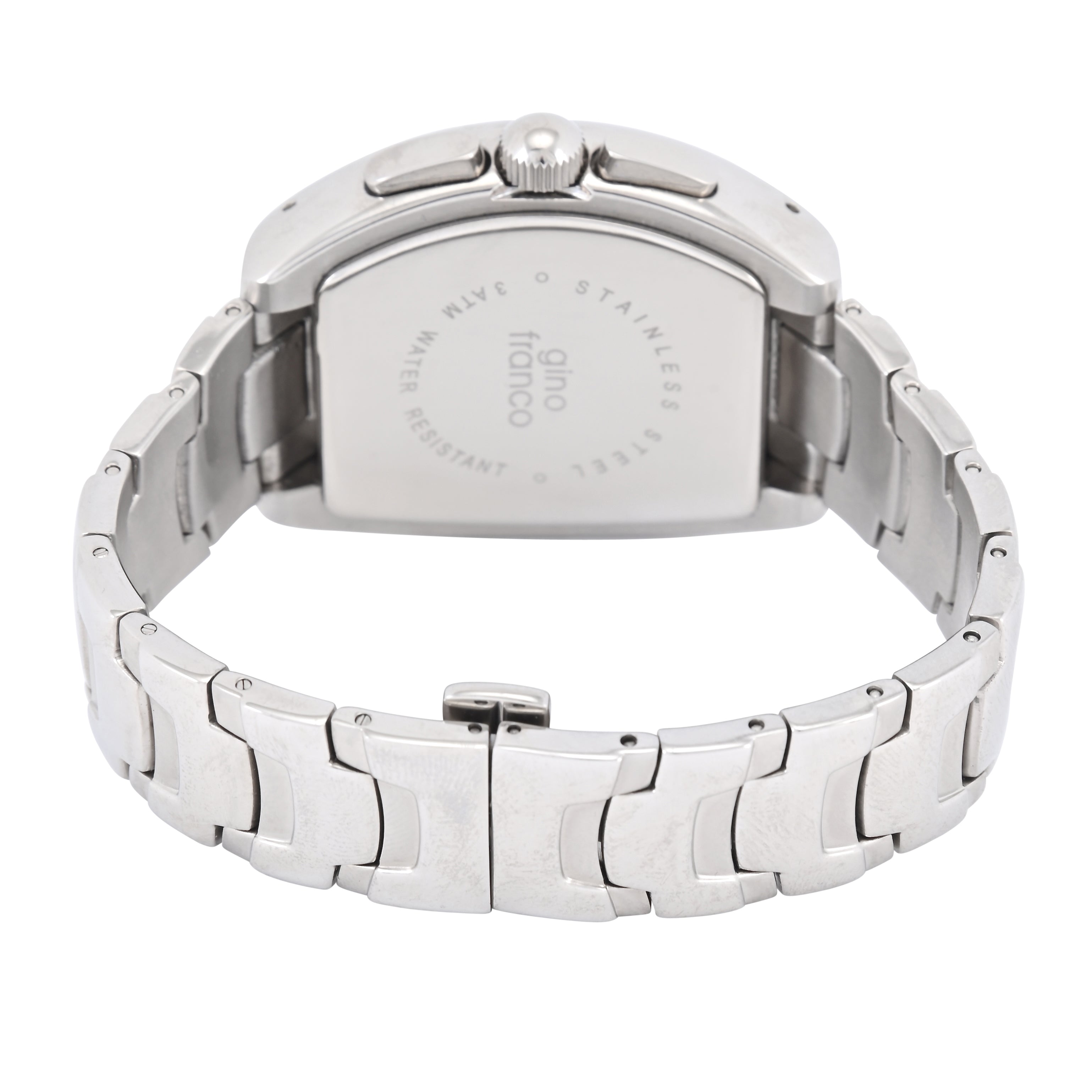 Gino Franco Mens White Dial Barrel Shaped Stainless Steel Chronograph Bracelet Watch