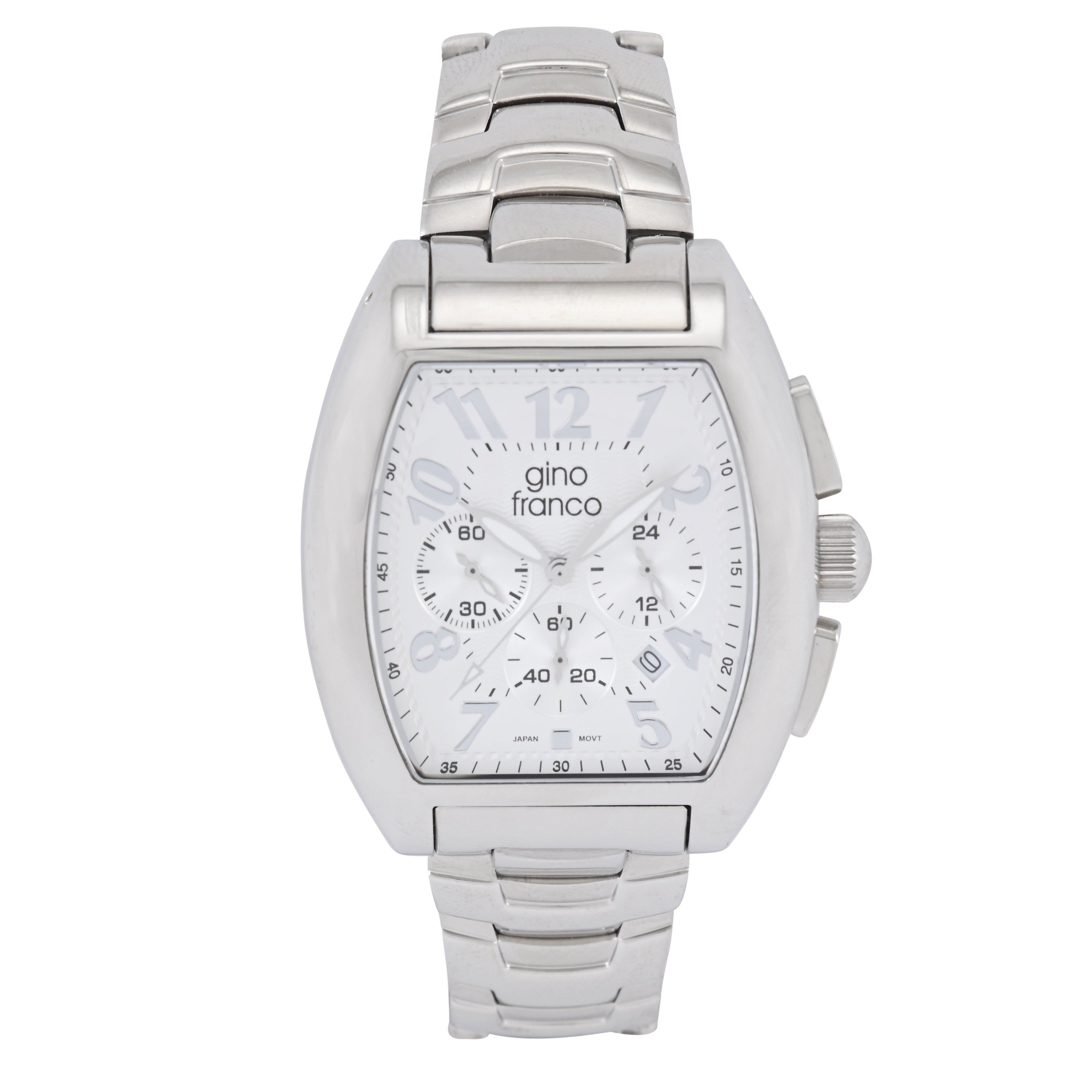 Gino Franco Mens White Dial Barrel Shaped Stainless Steel Chronograph Bracelet Watch