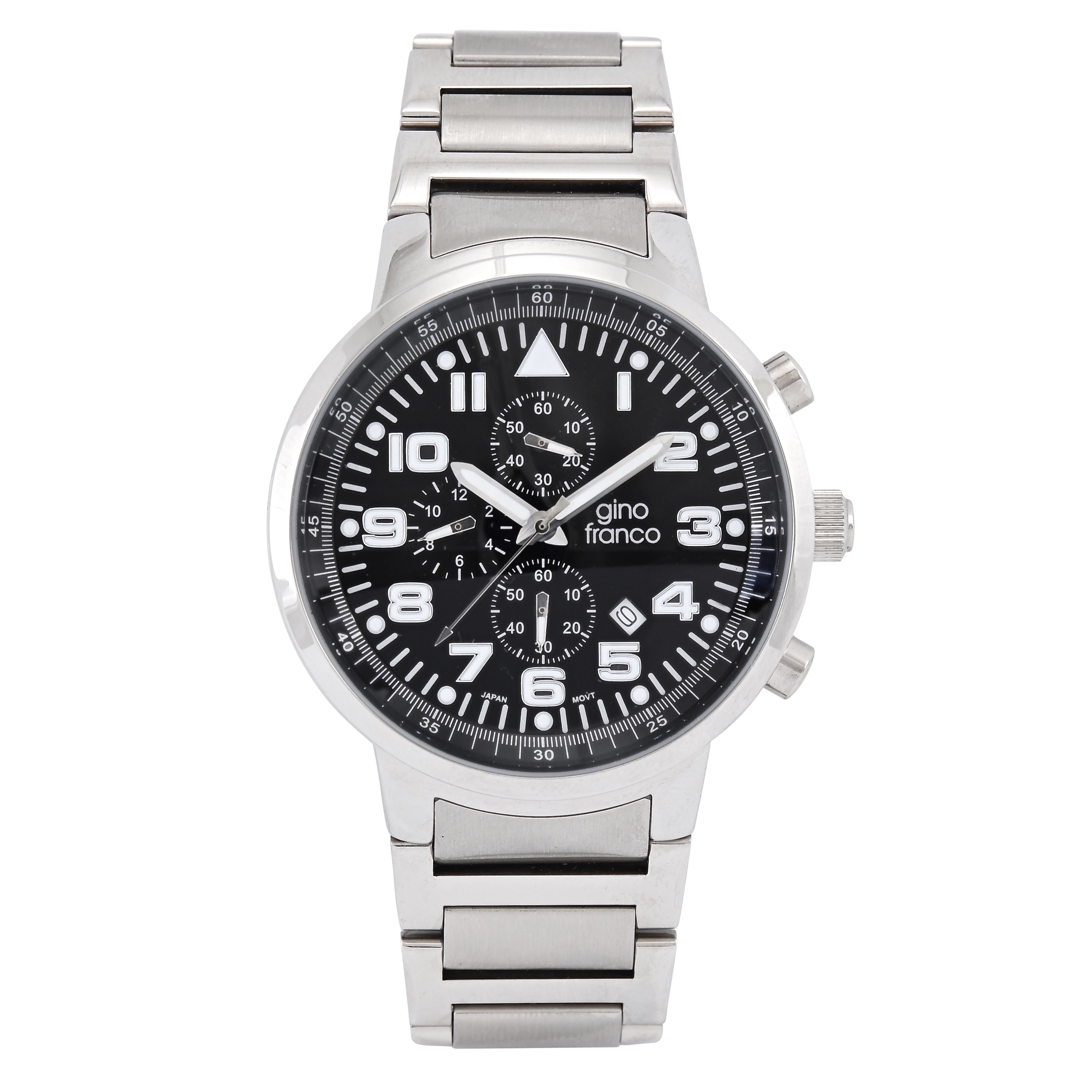 Gino Franco Mens 45mm Stainless Steel Chronograph Stopwatch with Stainless Steel Bracelet