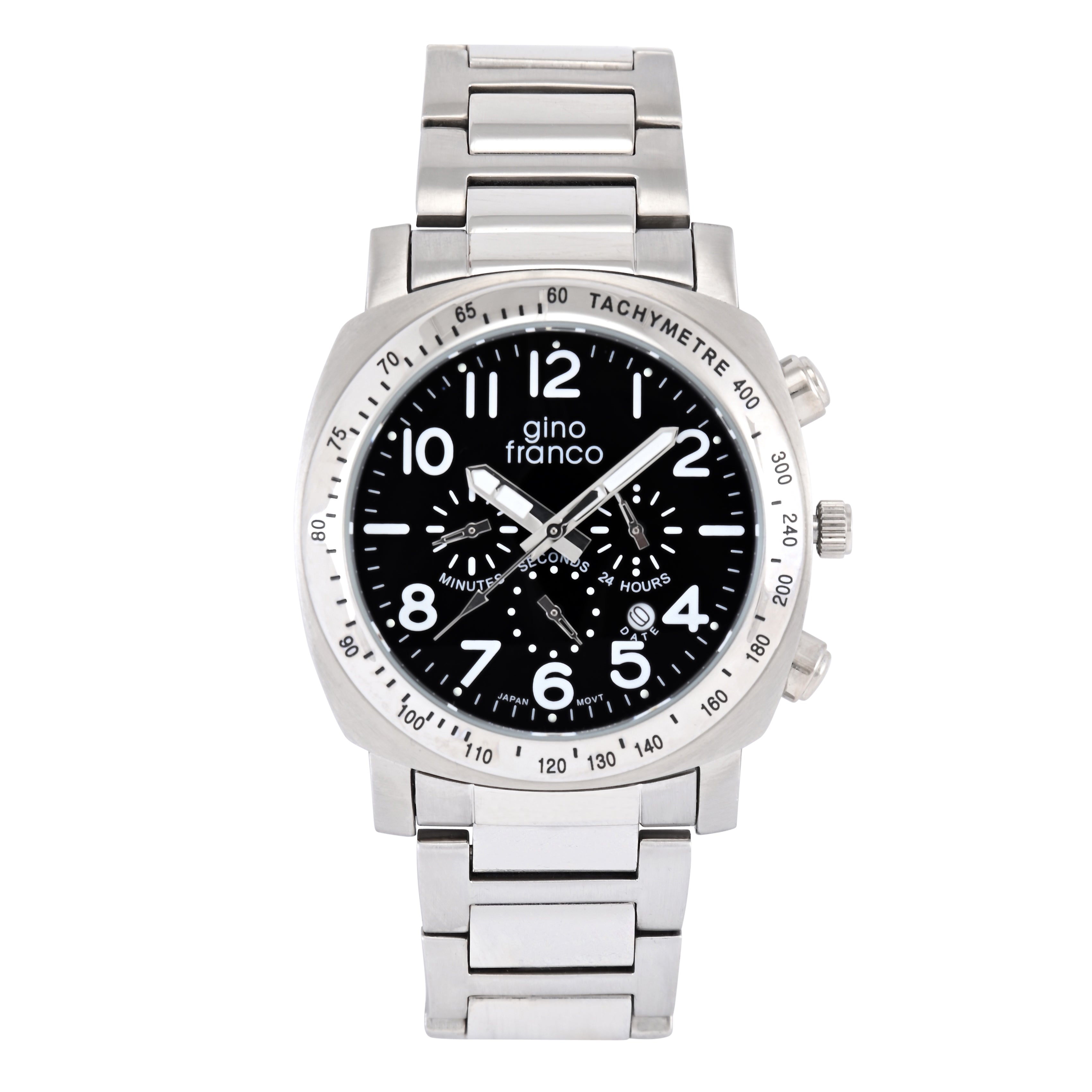 Gino Franco Mens Black Dial Round 45mm Stainless Steel Chronograph Stopwatch