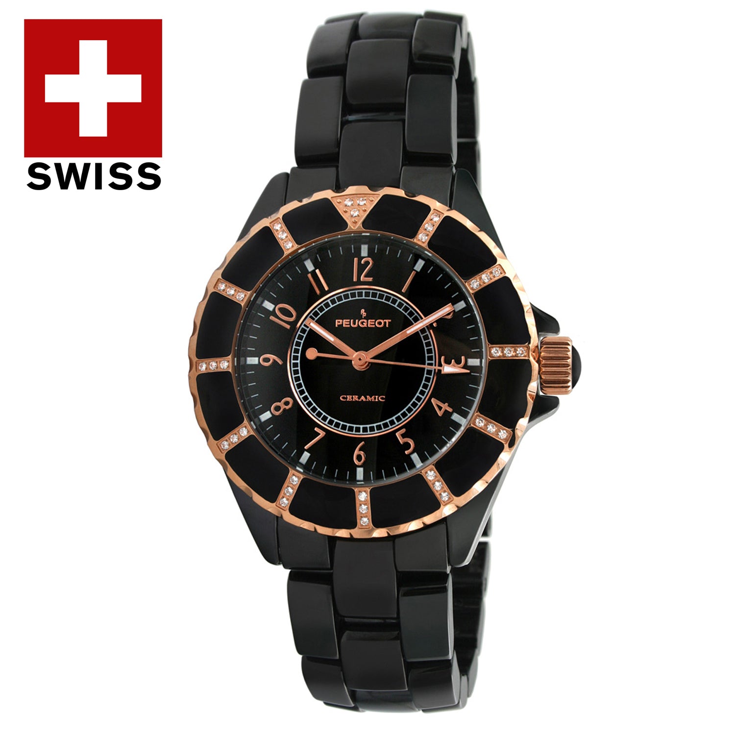 Women's 40mm Round Swiss Black Ceramic Watch - Rose-Gold Crystal Bezel