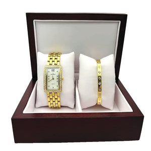Women Gold Bracelet Watch Set Crystal Bezel with Jeweled Bangle