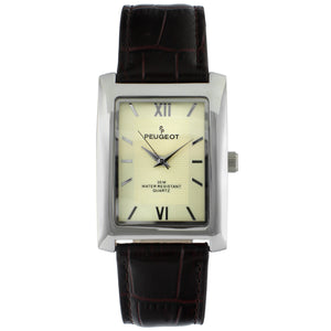 Men's 30X40mm Silver Tank Shape Watch with Textured Dial ,Brown Leather Strap