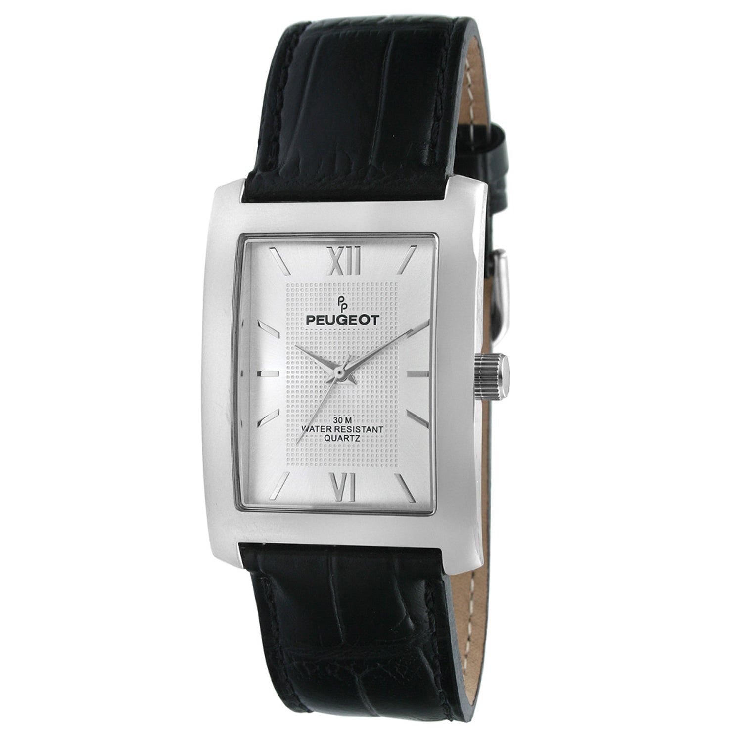 mens rectangular shape watch with silver dial and applied roman numerals , black leather strap