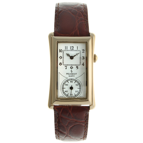 Peugeot Men's Vintage Rectangular 14K Gold Plated Brown Leather Strap Watch