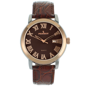Mens 40mm Dress Watch with Roman Numerals and Brown Leather Strap