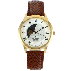Men's 38mm Brown Sun-Moon Leather Strap watch
