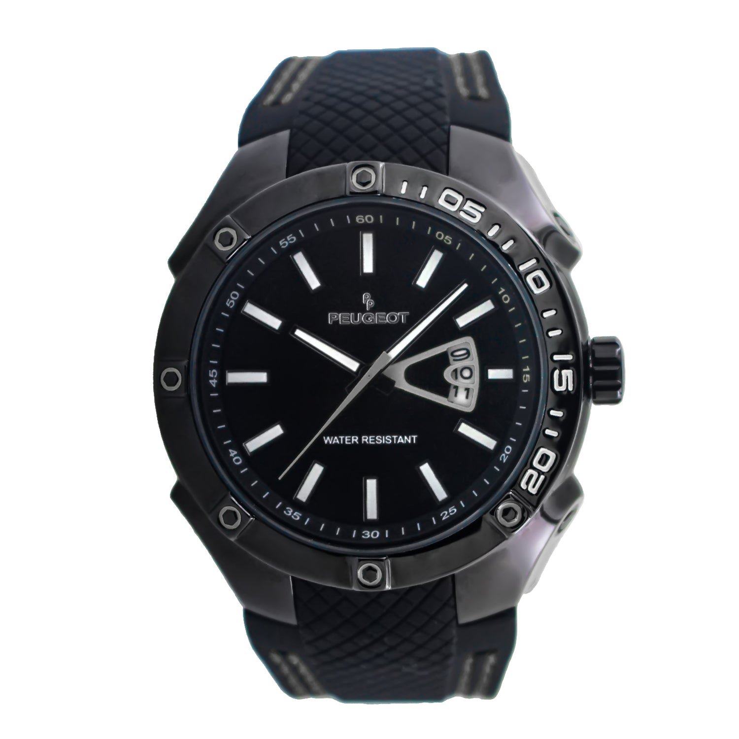 Men's 44mm Black Sport Calendar Stitched Rubber Band Watch