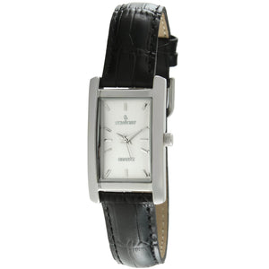 Women 34x20mm silver trim watch with white face and black leather strap