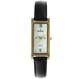 Women 36x18 mm Gold trim watch with a mother of pearl face and gold markers, with a black shiny leather band.