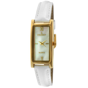 Women 36x18 mm Gold trim watch with a mother of pearl face and gold markers, with a white shiny leather band.