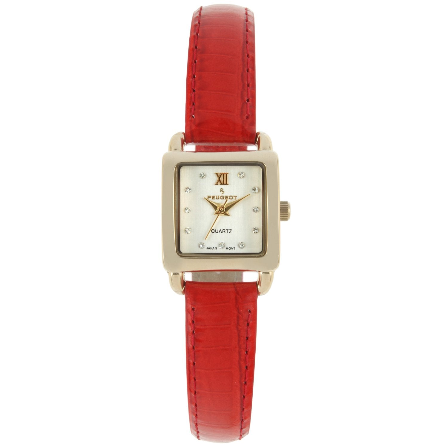 Woman 20mm Square watch with Gold trim and a Champagne face with crystal markers and a Red leather strap