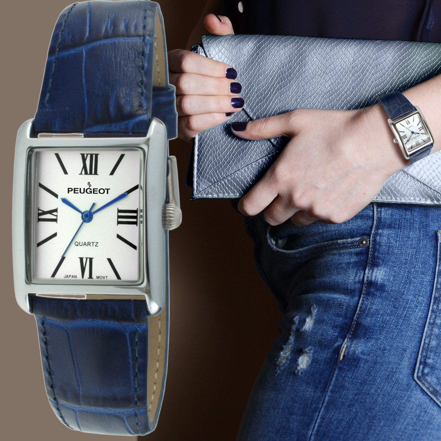 Women's Tank Watch Roman Dial Blue Leather Strap
